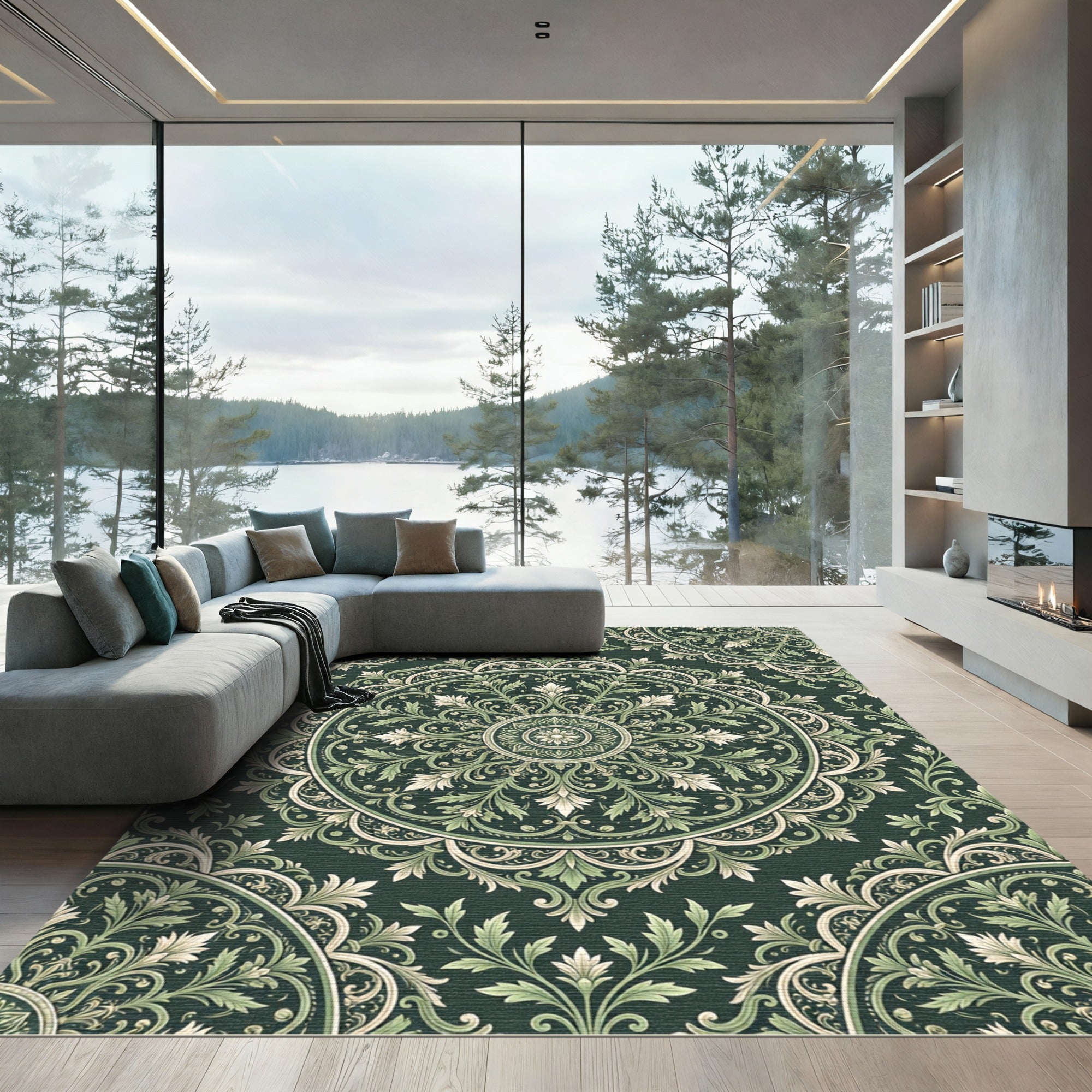 Intricate Sage Green Floral Medallion Rug