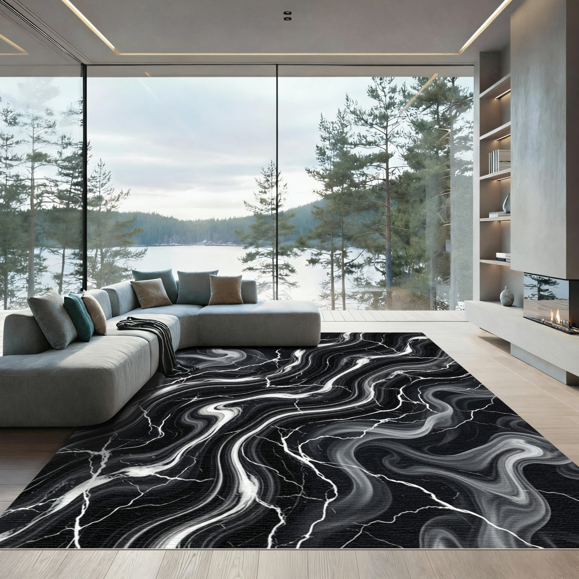 Dramatic Black White Swirl Vein Rug