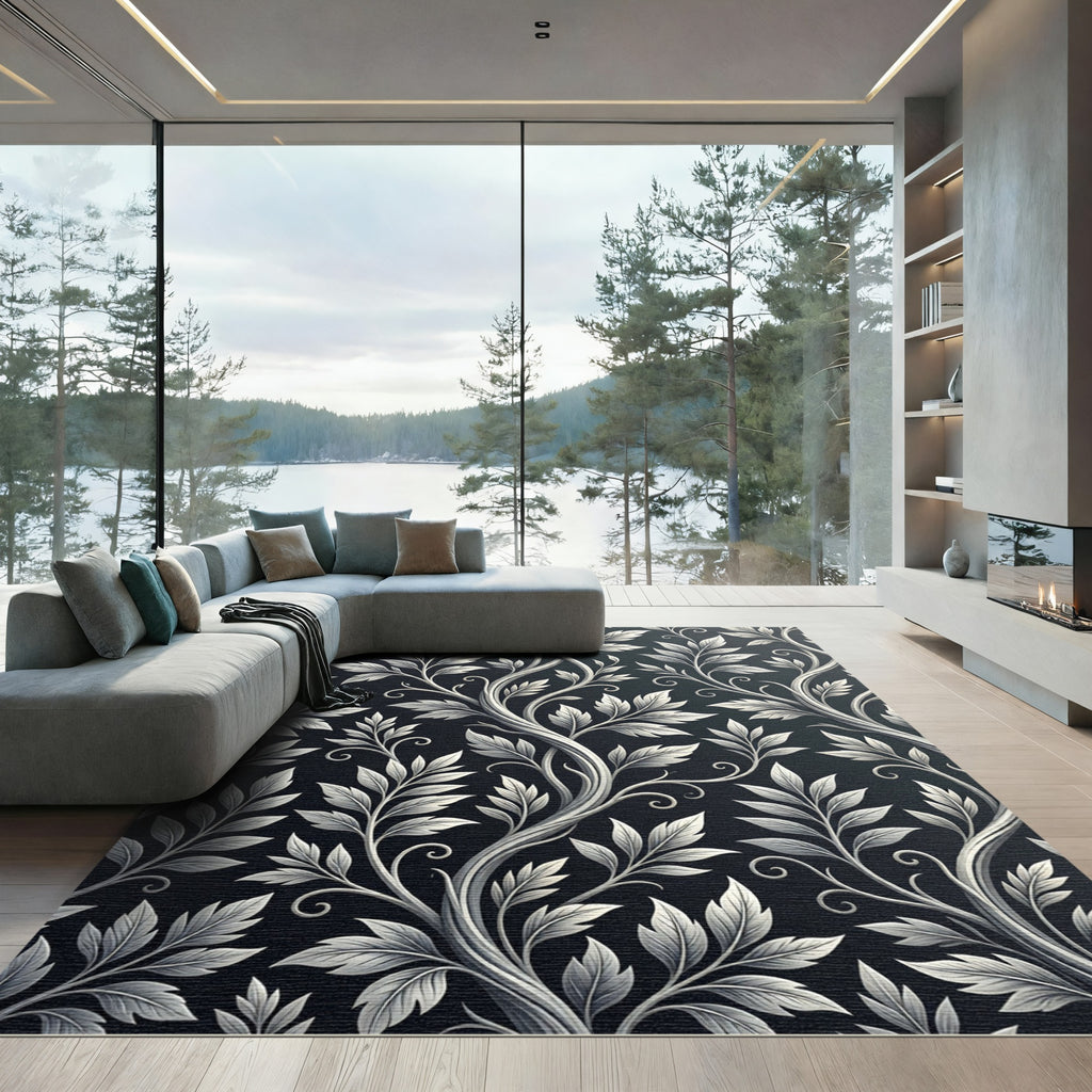 Elegant Black White Leaf Vine Rug