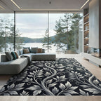 Elegant Black White Leaf Vine Rug