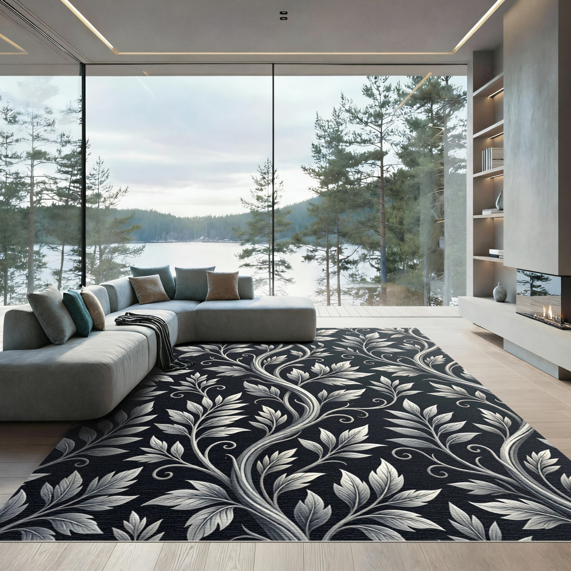 Elegant Black White Leaf Vine Rug