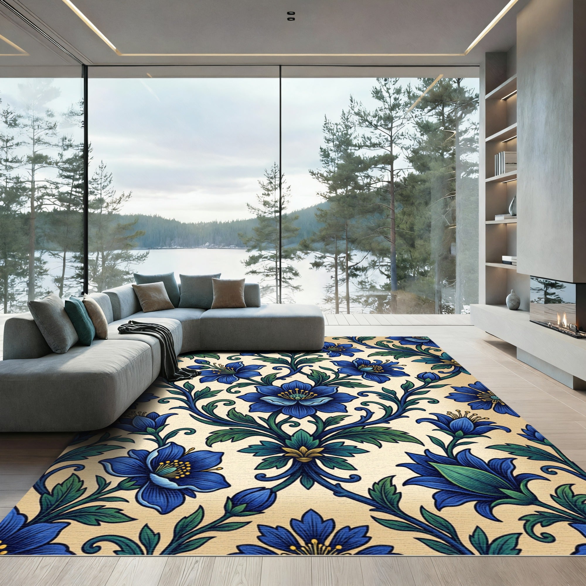 Elegant Cobalt Floral Scroll Damask Rug