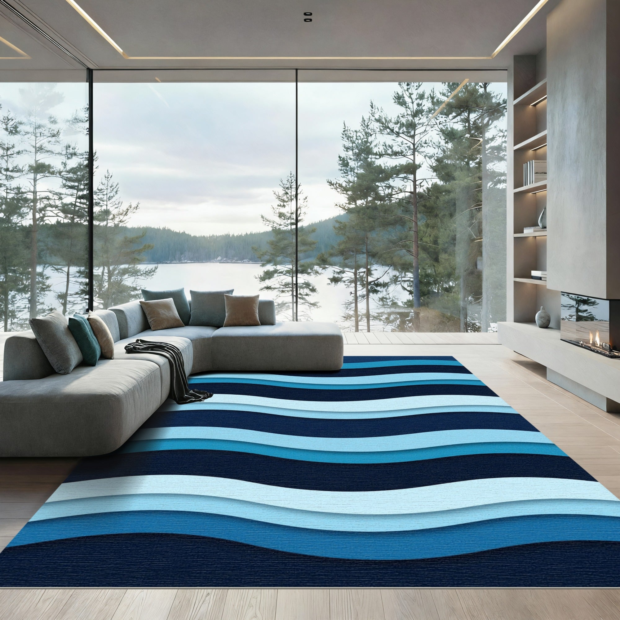 Abstract Blue Wavy Layered Ocean Rug