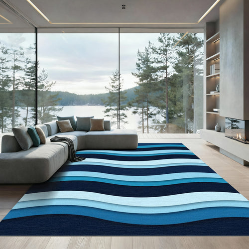 Abstract Blue Wavy Layered Ocean Rug