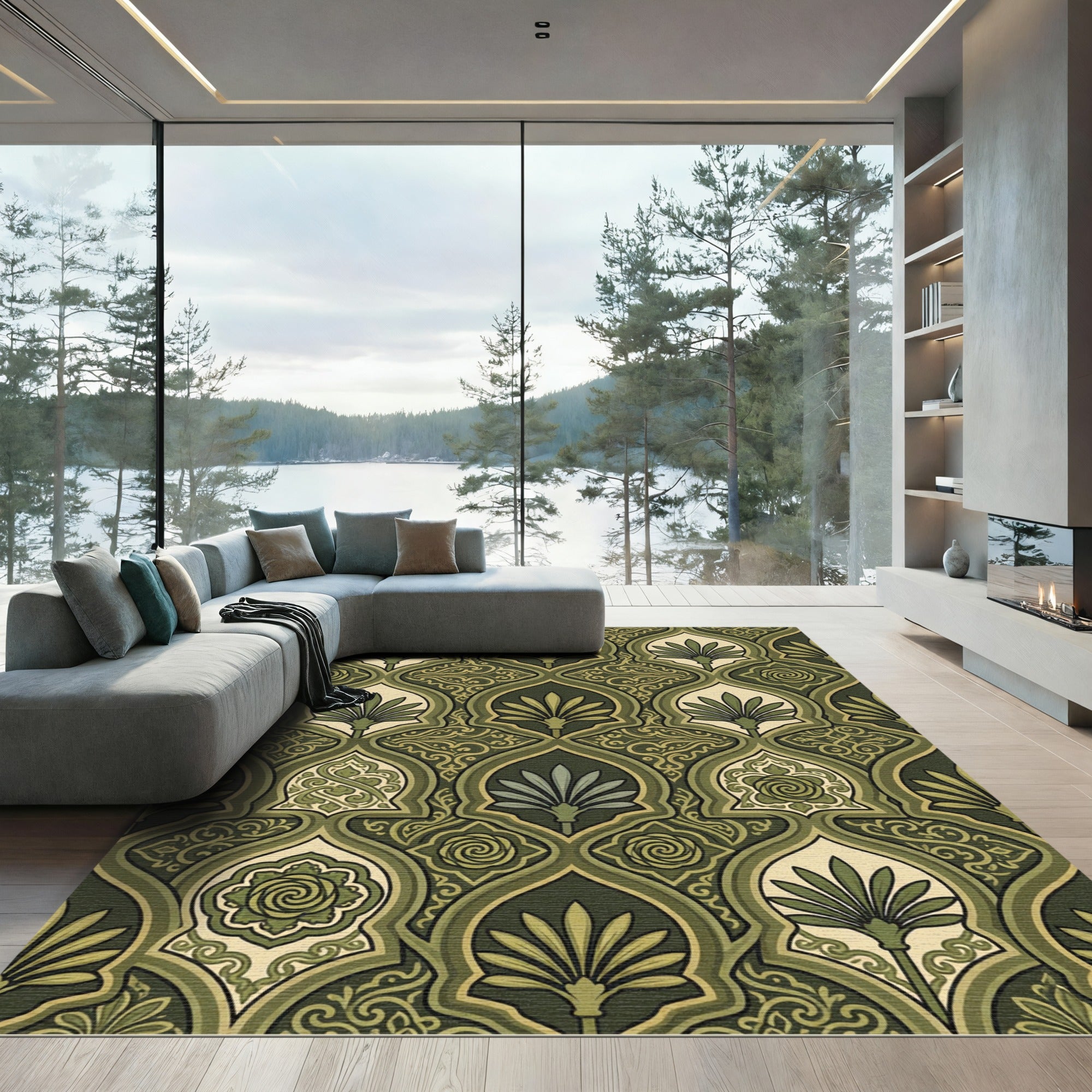 Olive Green Archway Floral Medallion Rug