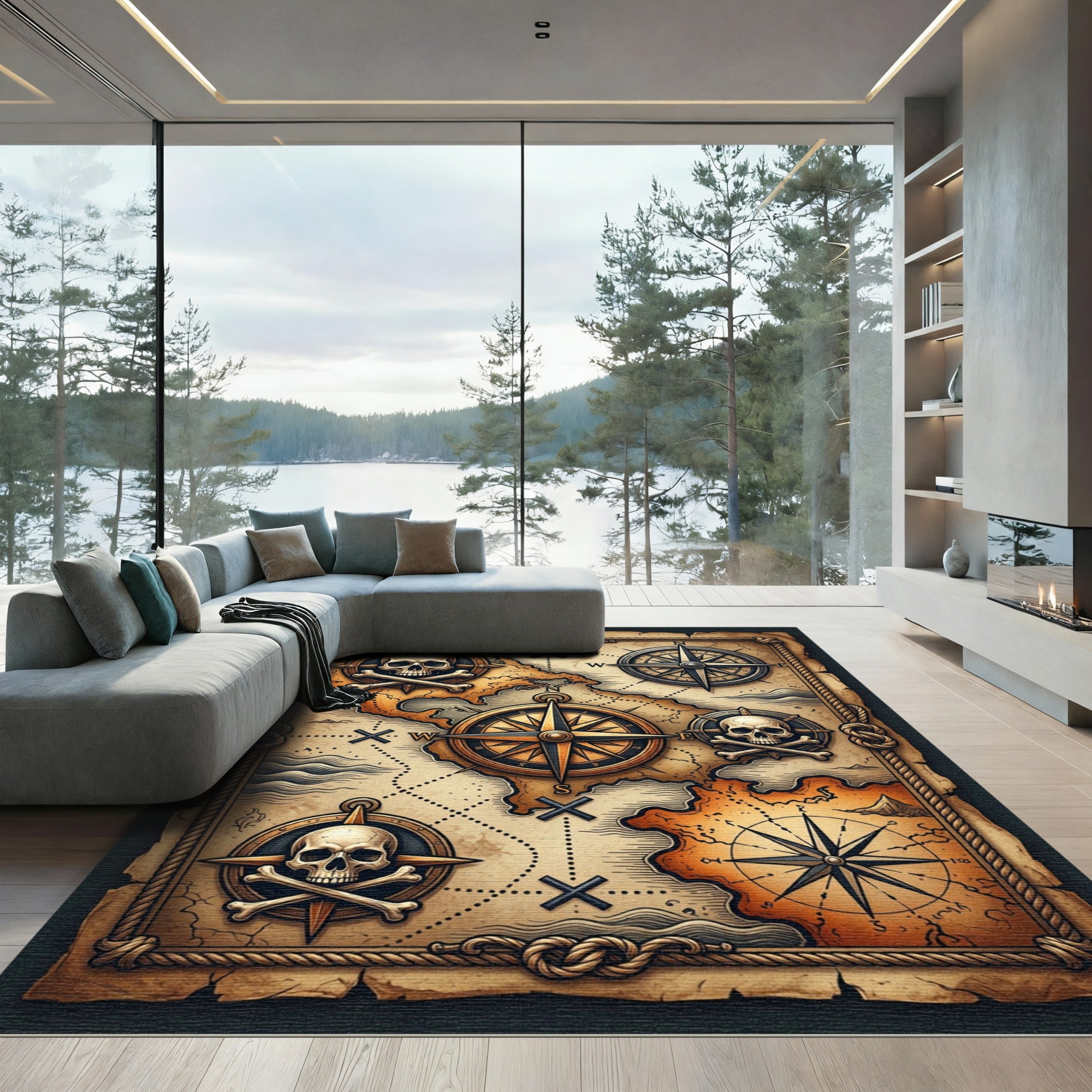 Vintage Nautical Skull Compass Treasure Map Rug