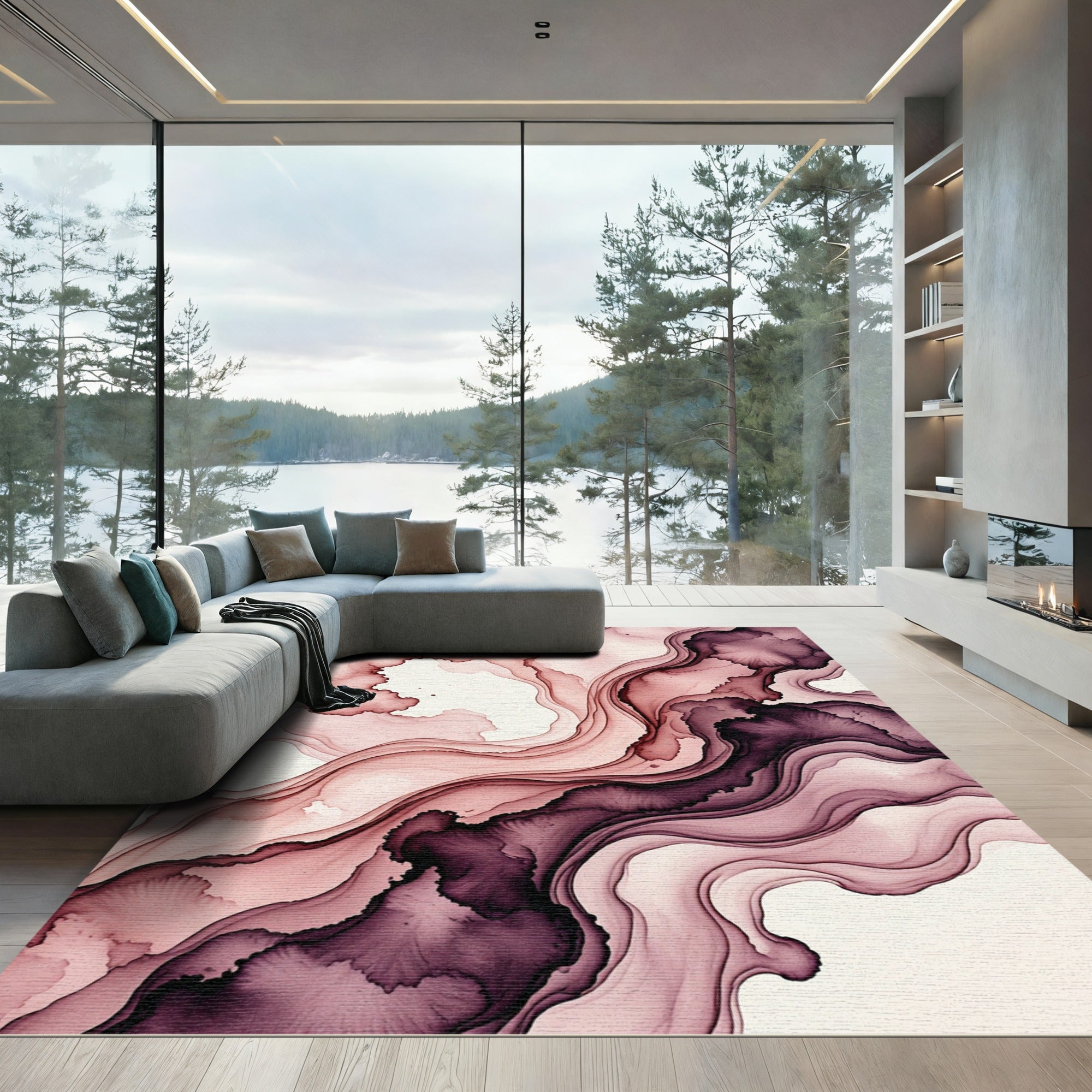 Ethereal Burgundy Fluid Abstract Swirls Rug