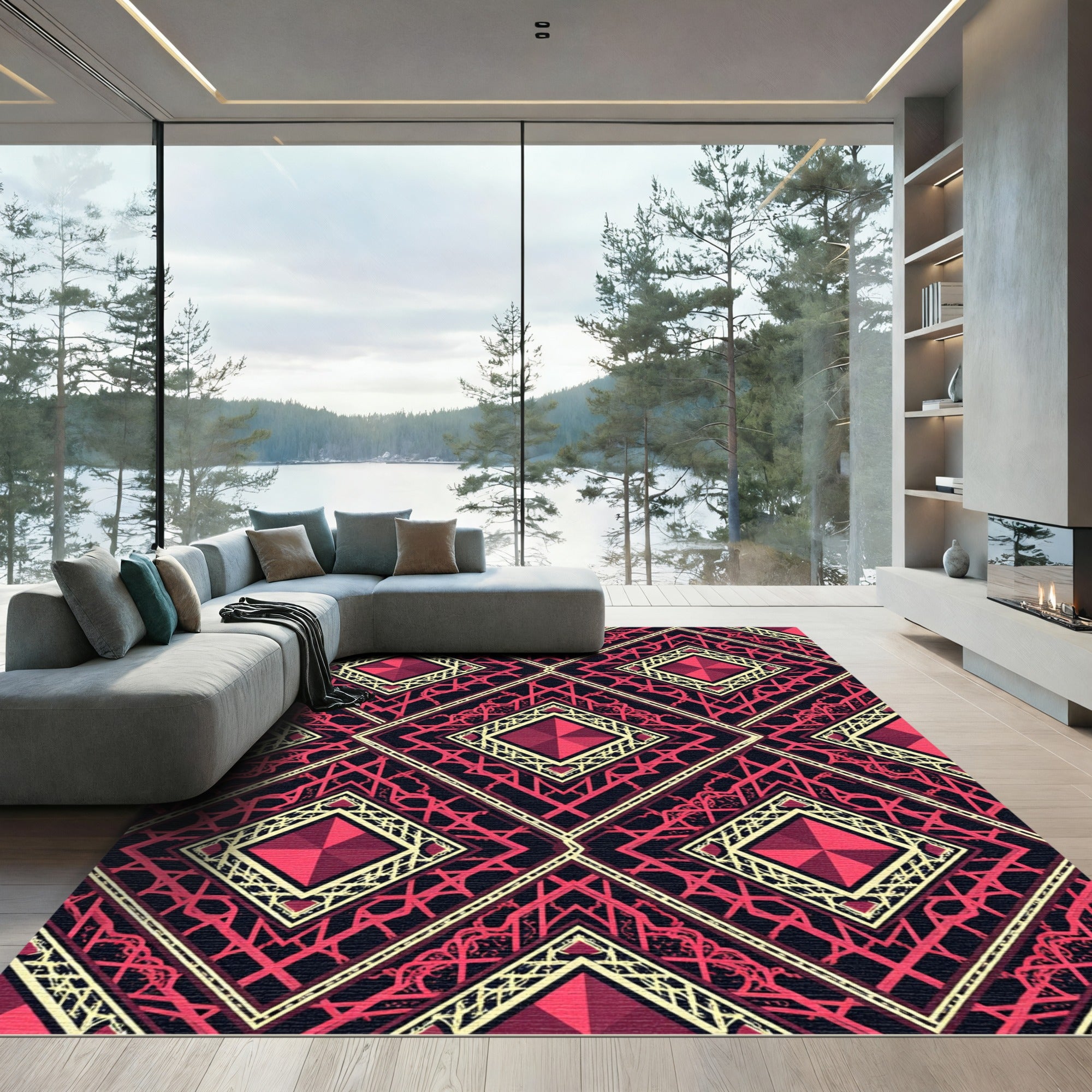 Deep Crimson Geometric Diamond Art Deco Rug