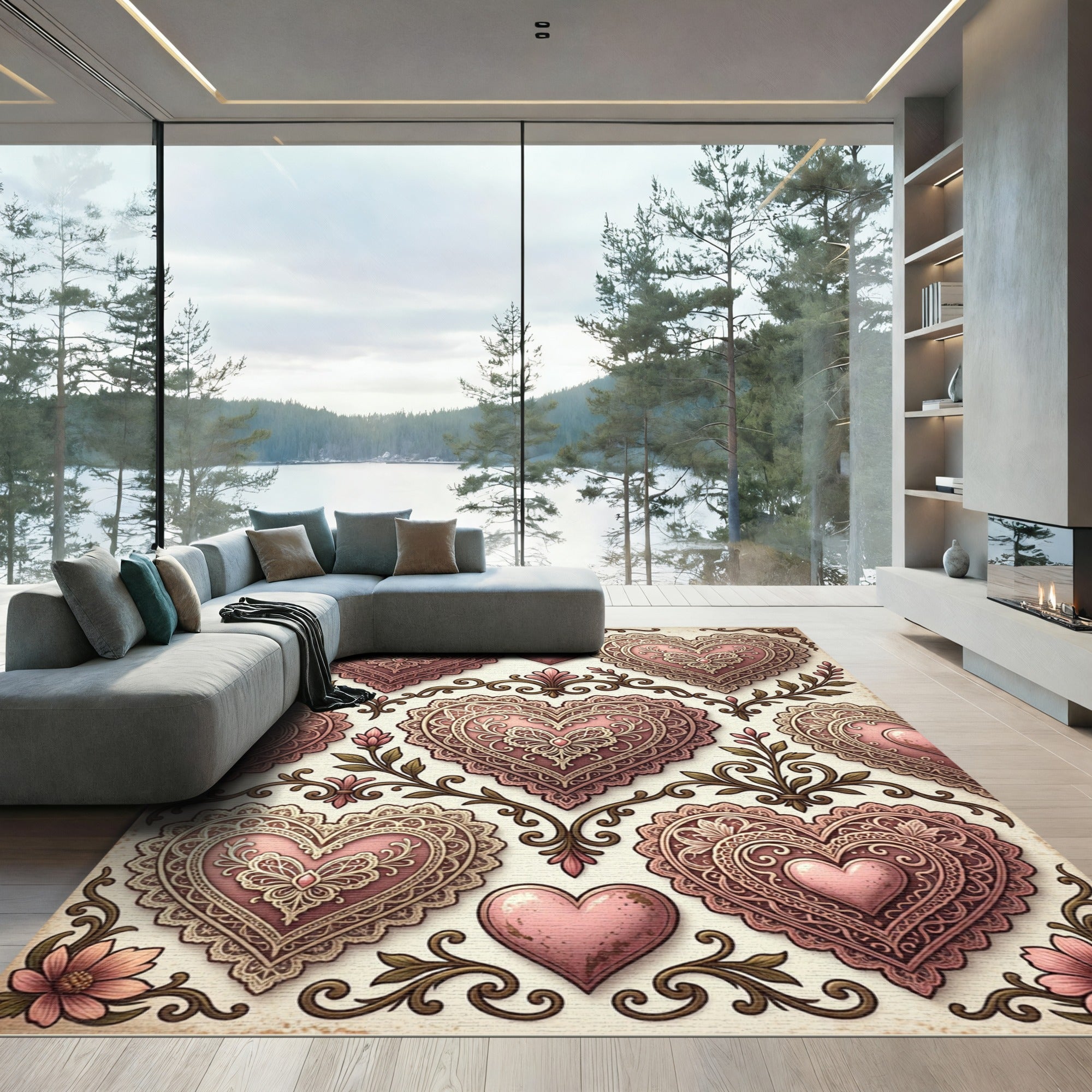 Vintage Pink Lace Heart Medallion Rug