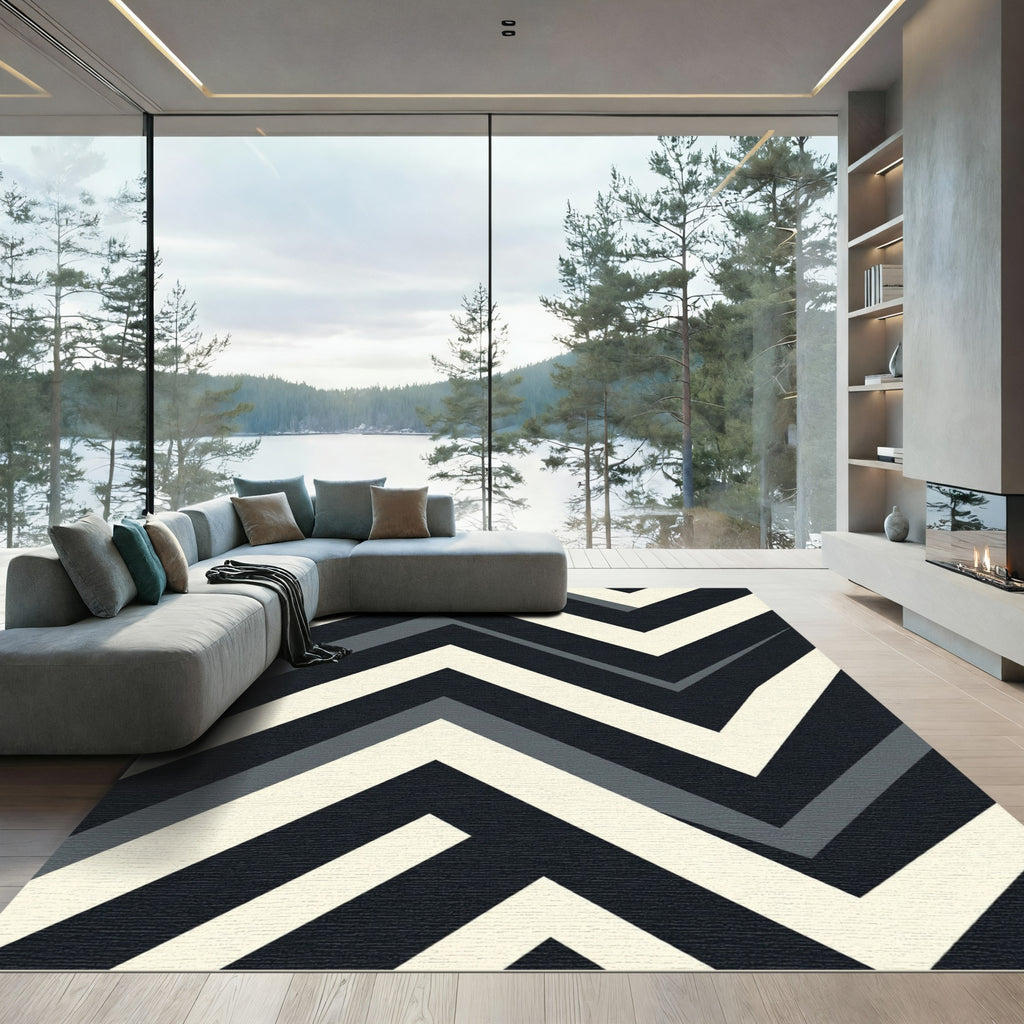 Modern Monochrome Chevron Zigzag Geometric Rug