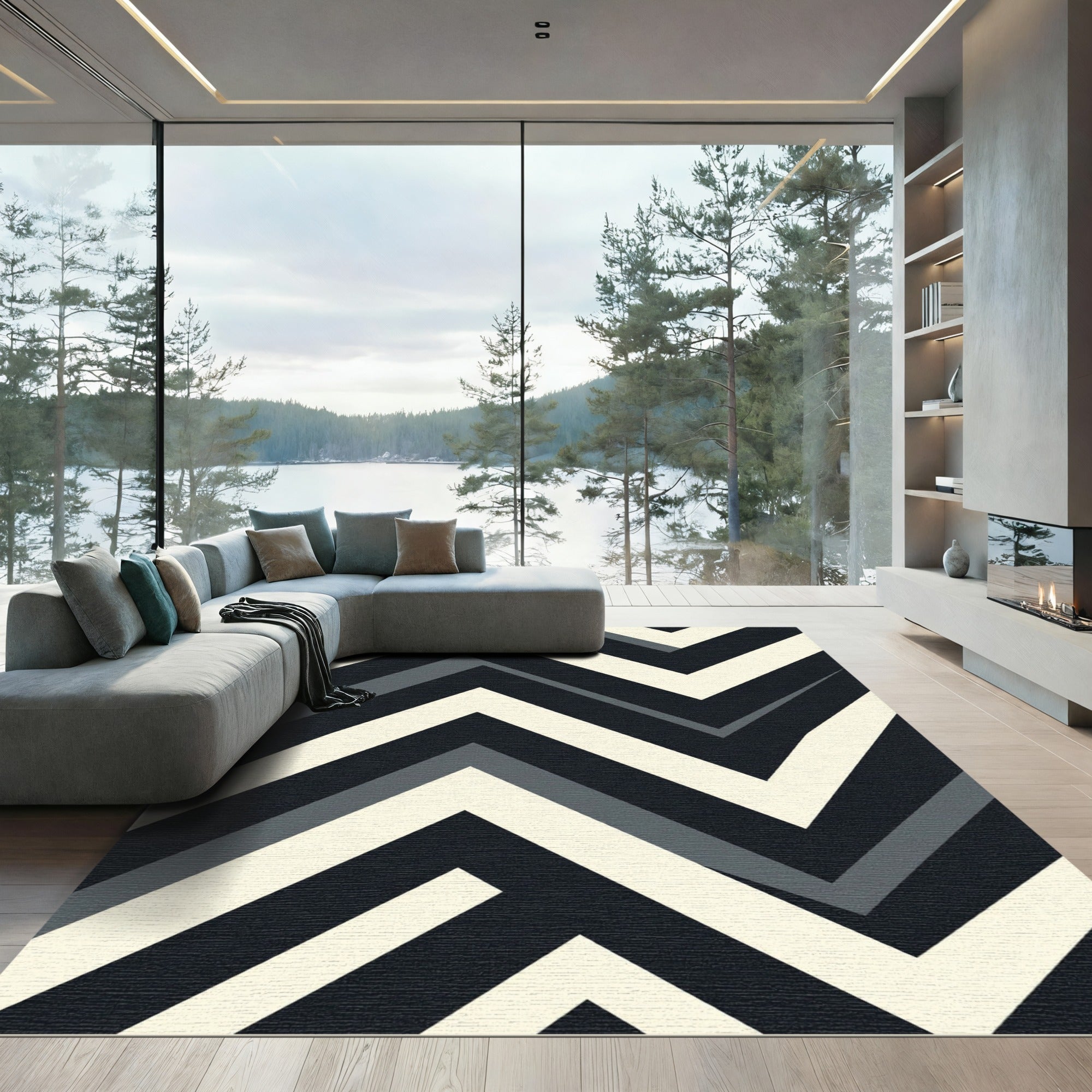 Modern Monochrome Chevron Zigzag Geometric Rug
