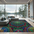 Vibrant Green Red Mandala Medallion Rug