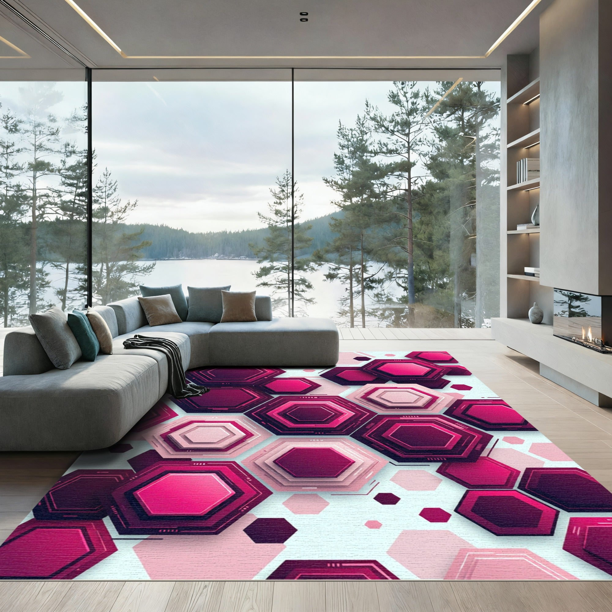 Deep Pink Geometric Hexagon Layers Rug