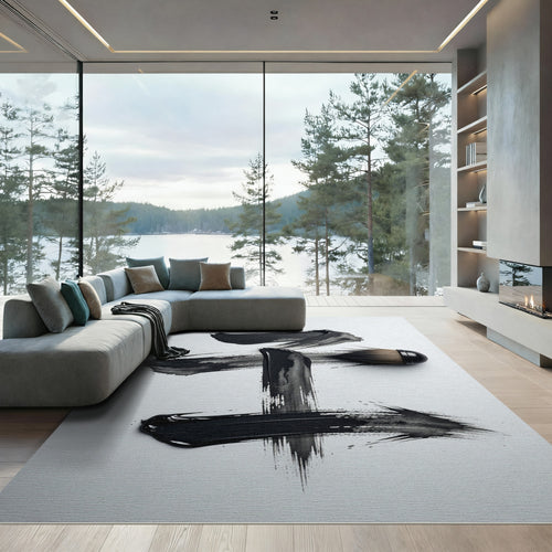 Abstract Black Ink Brush Strokes Rug
