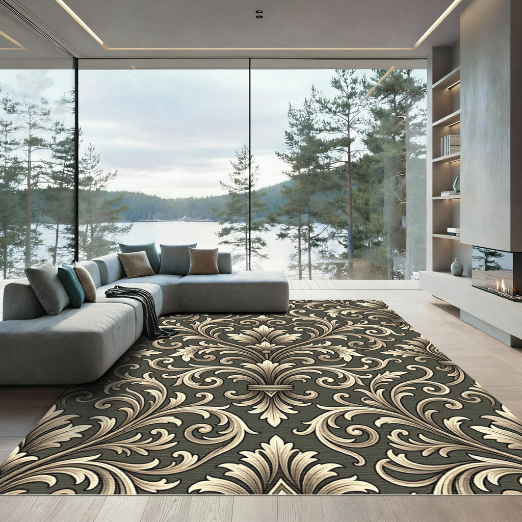 Elegant Golden Floral Scroll Rug