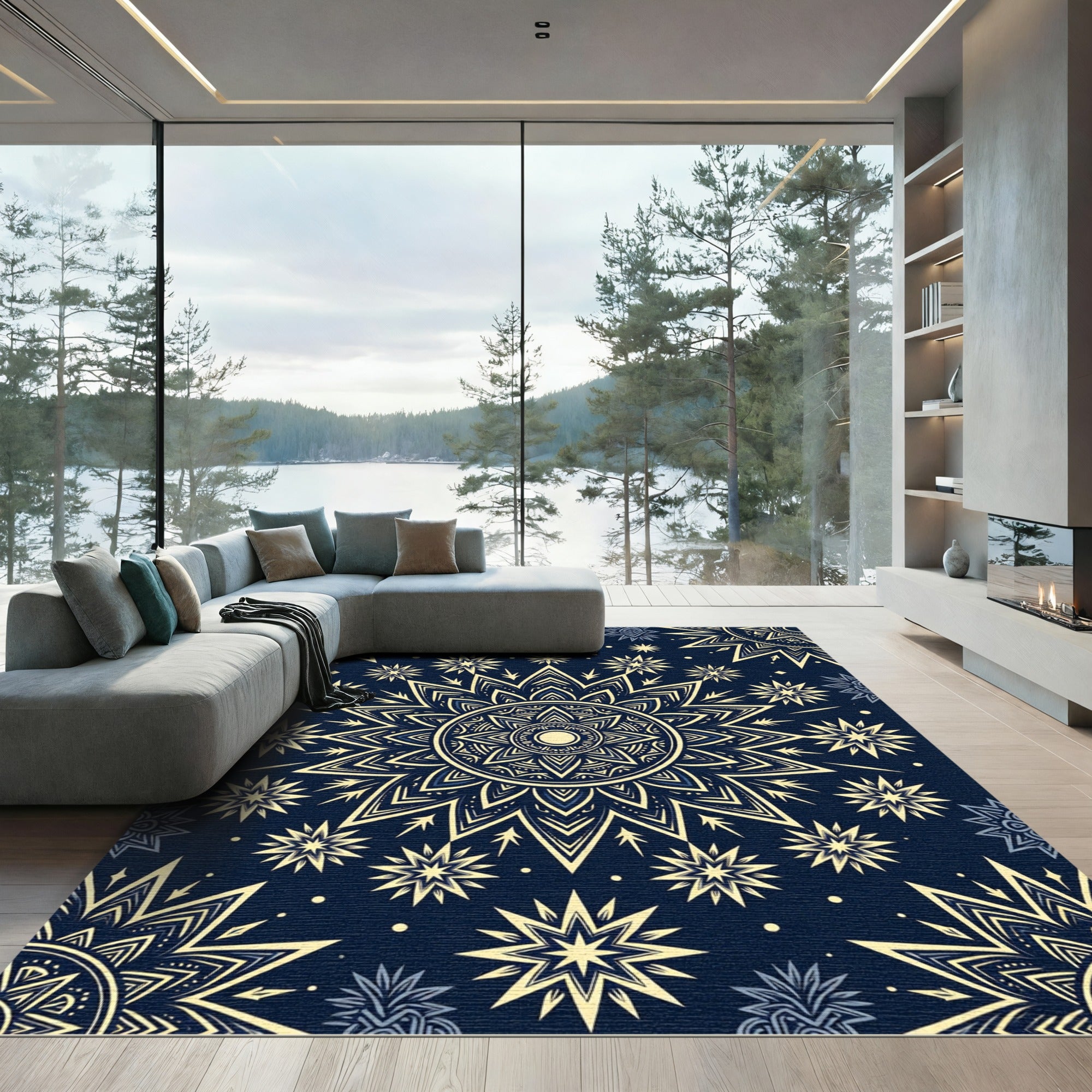 Celestial Navy Blue Starry Mandala Rug