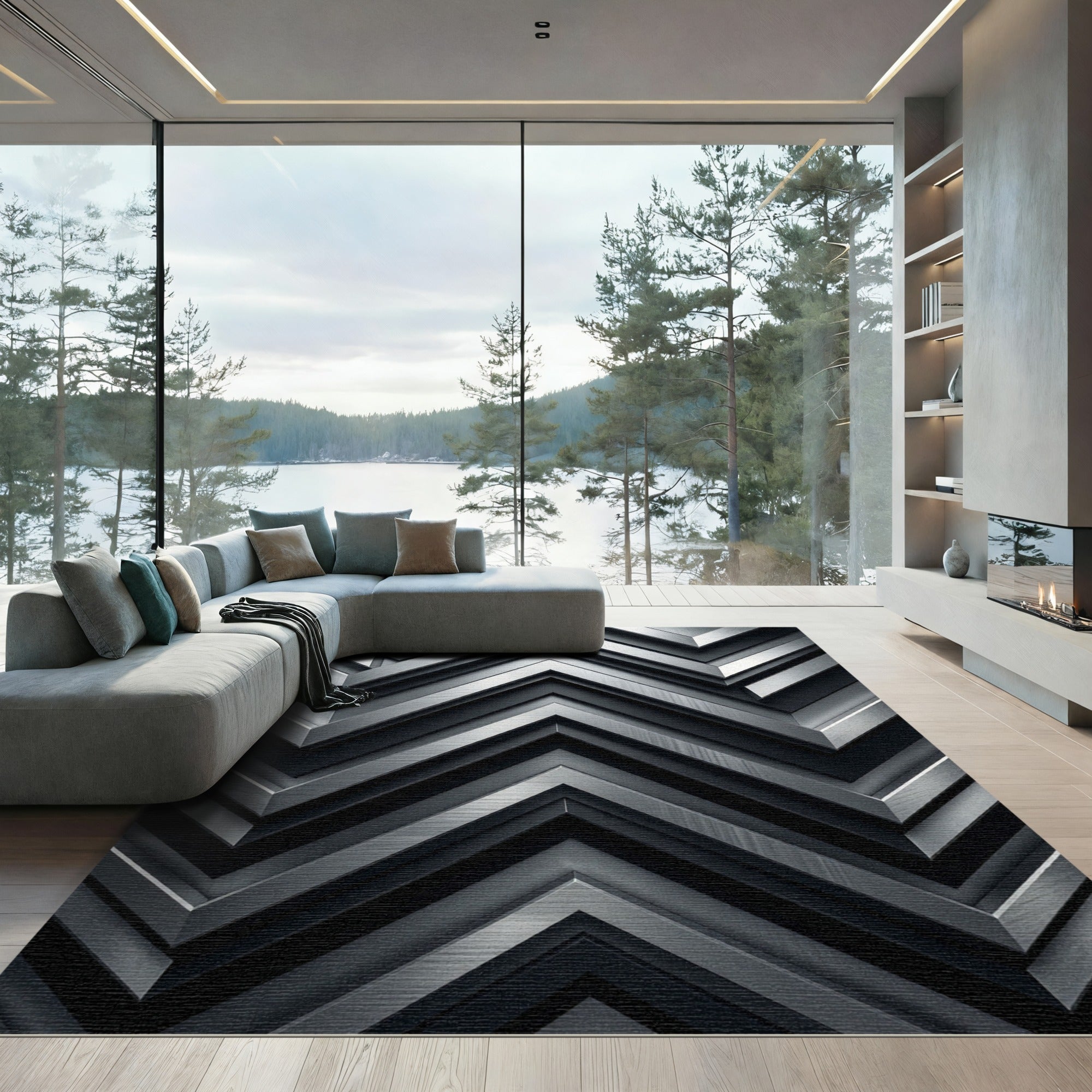 Metallic Silver Minimalist Chevron Accent Rug