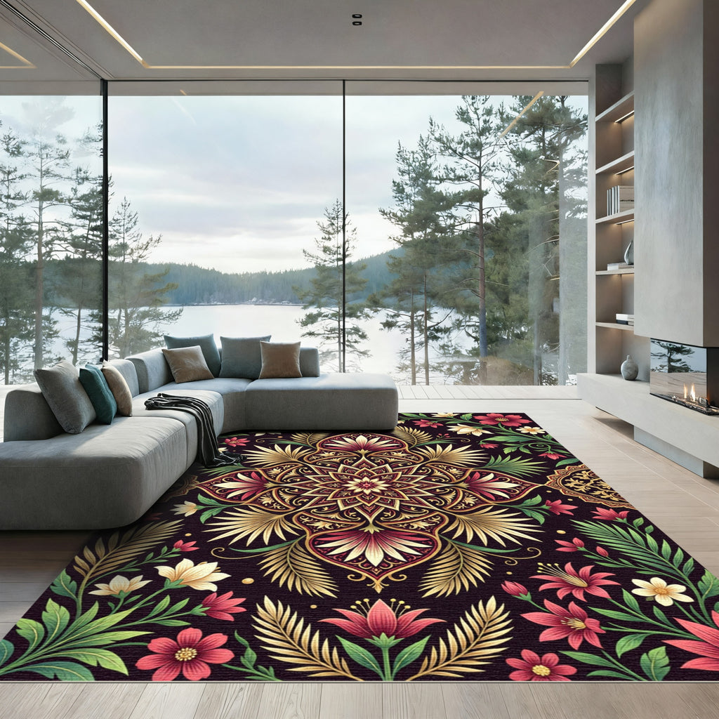 Elegant Burgundy Floral Medallion Gold Accents Rug
