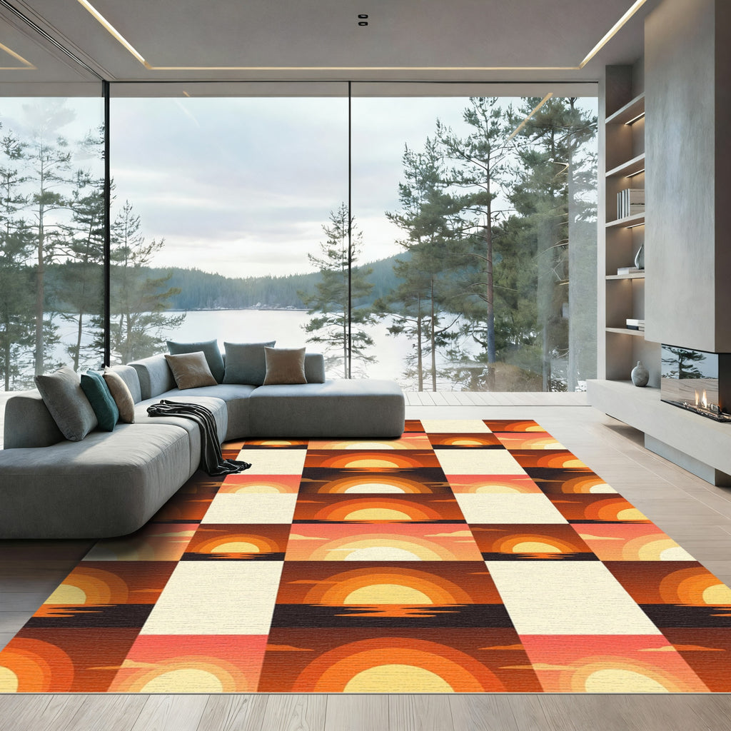 Retro Sunset Horizon Squares Rug