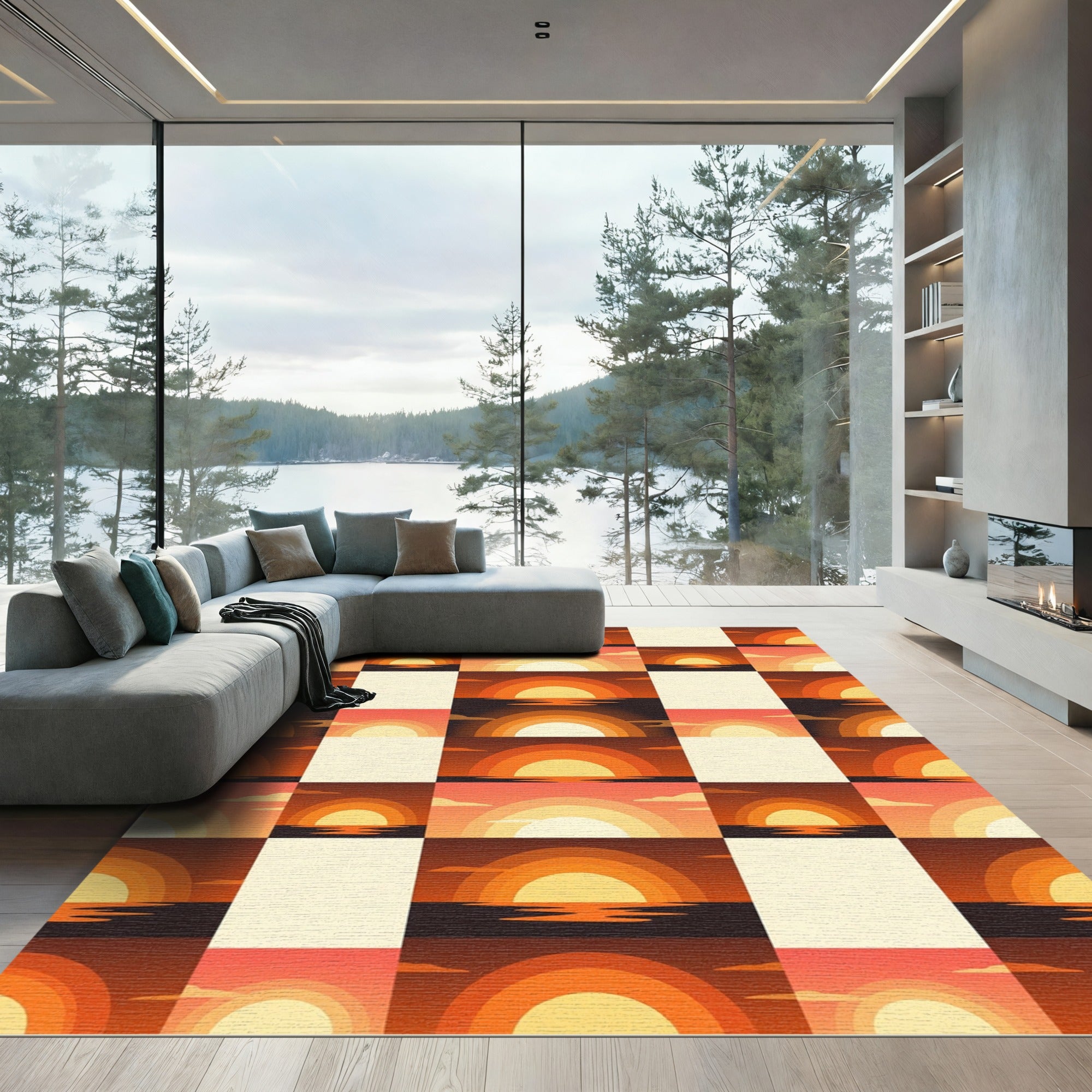 Retro Sunset Horizon Squares Rug
