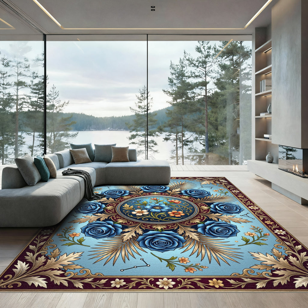 Celestial Blue Rose Floral Medallion Rug