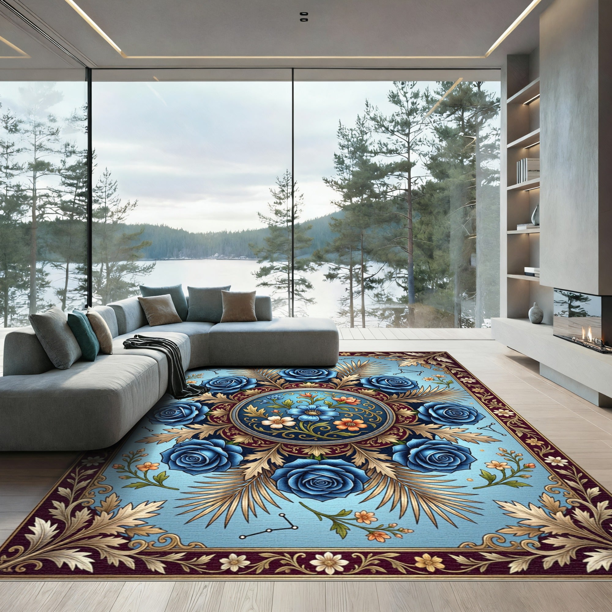 Celestial Blue Rose Floral Medallion Rug