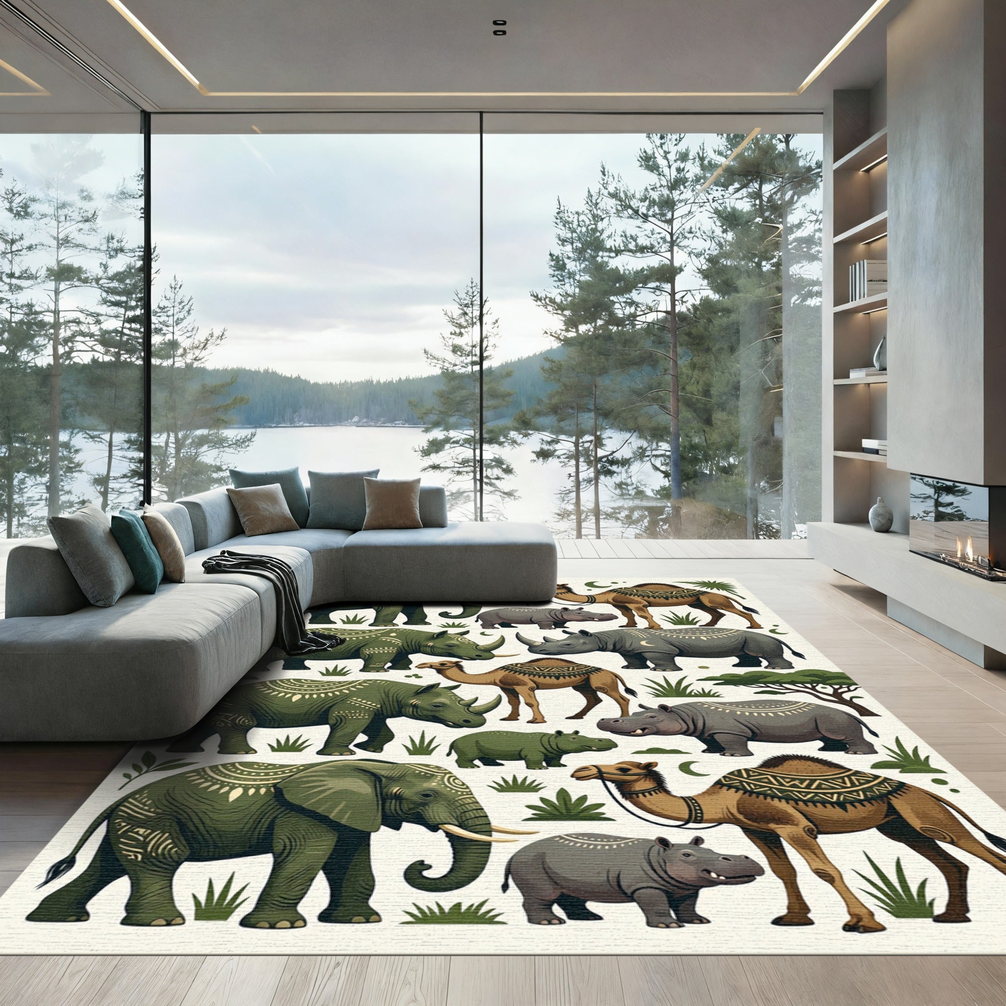 Safari Animal Forest Green Folk Art Rug