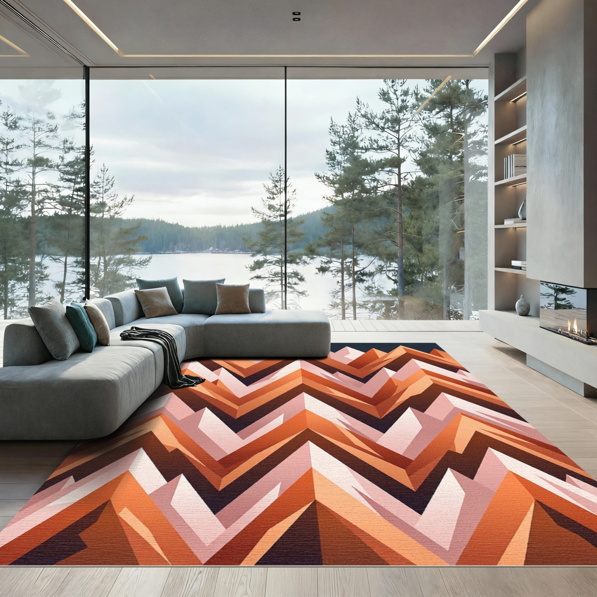 Geometric Chevron Orange Peak Landscape Rug