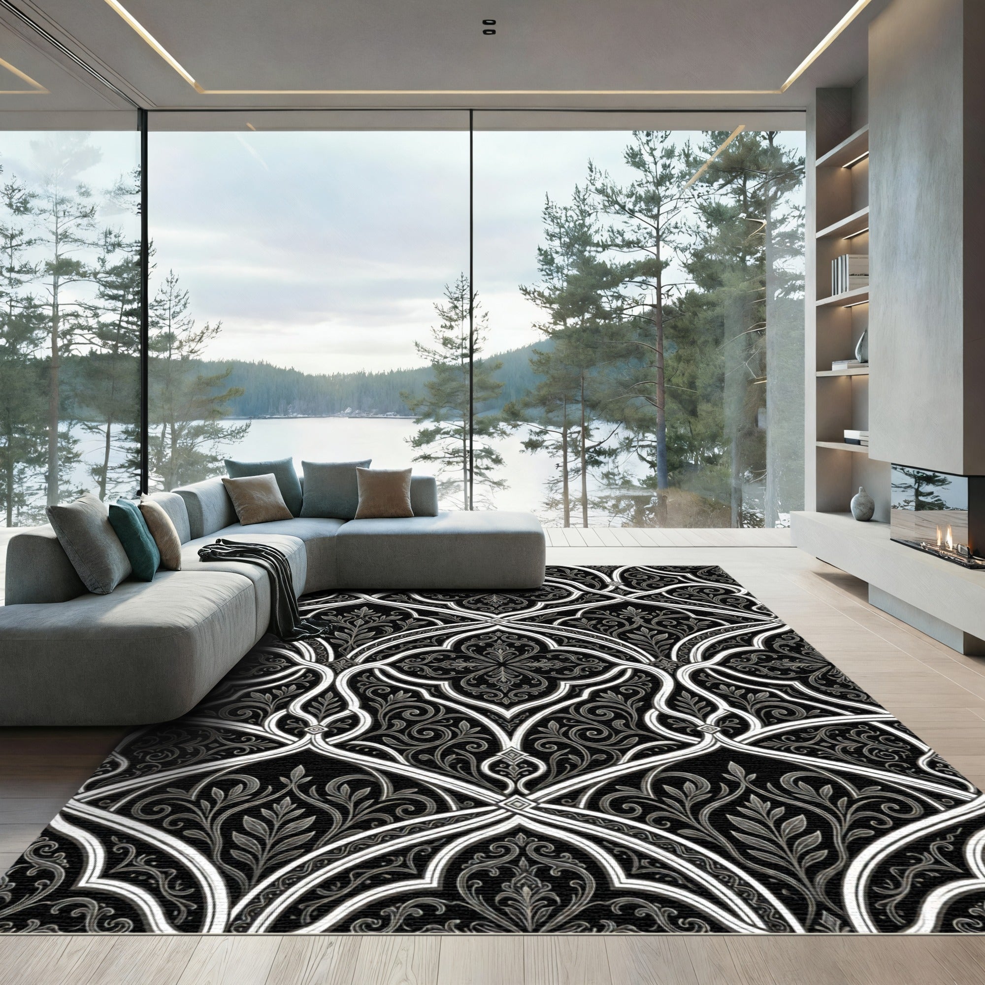 Black White Interlocking Arabesque Filigree Rug