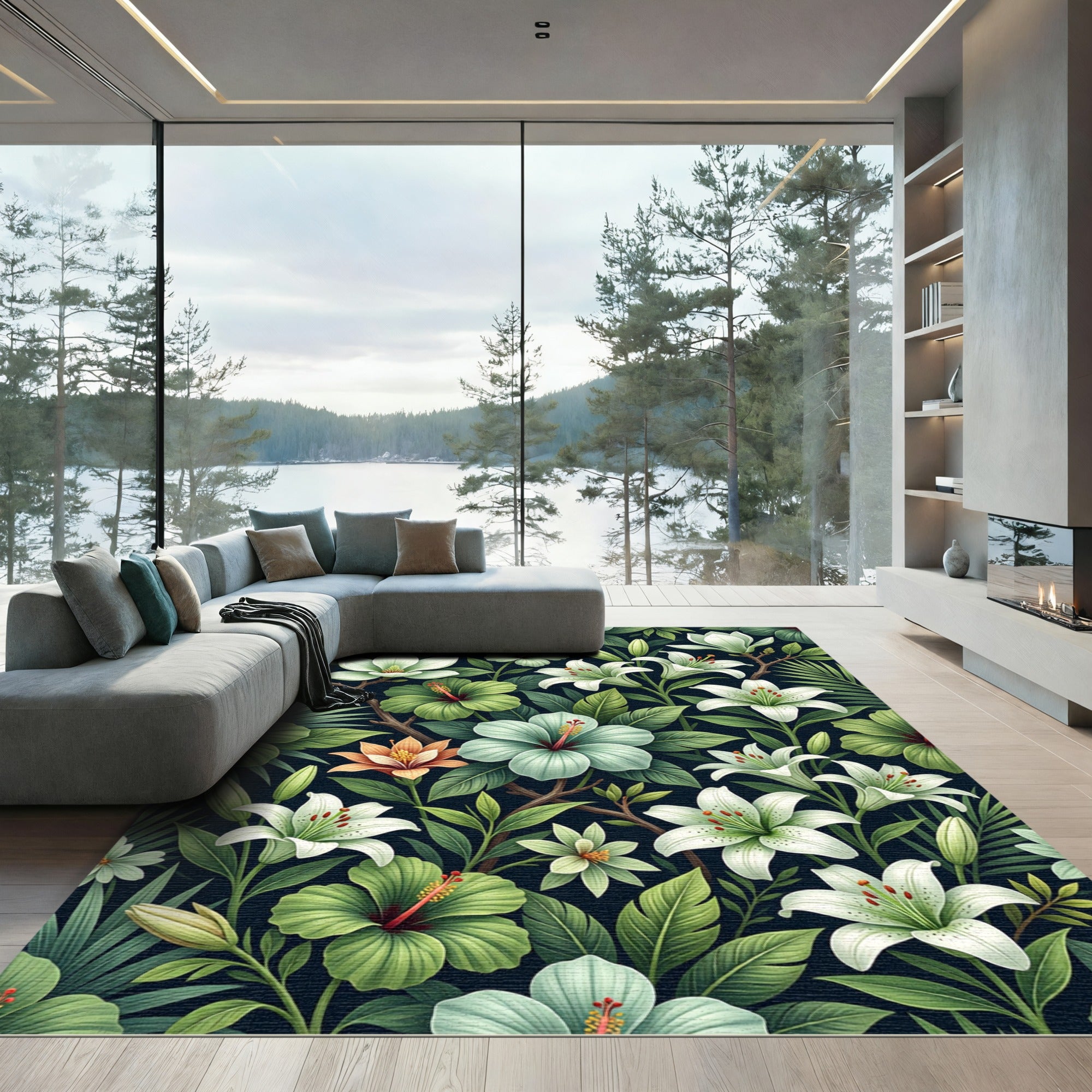 Lush Tropical Lily Hibiscus Composition Rug