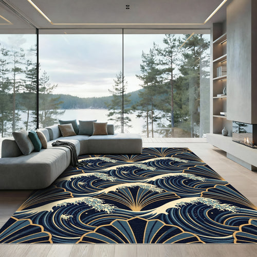 Art Deco Navy Gold Wave Fan Rug