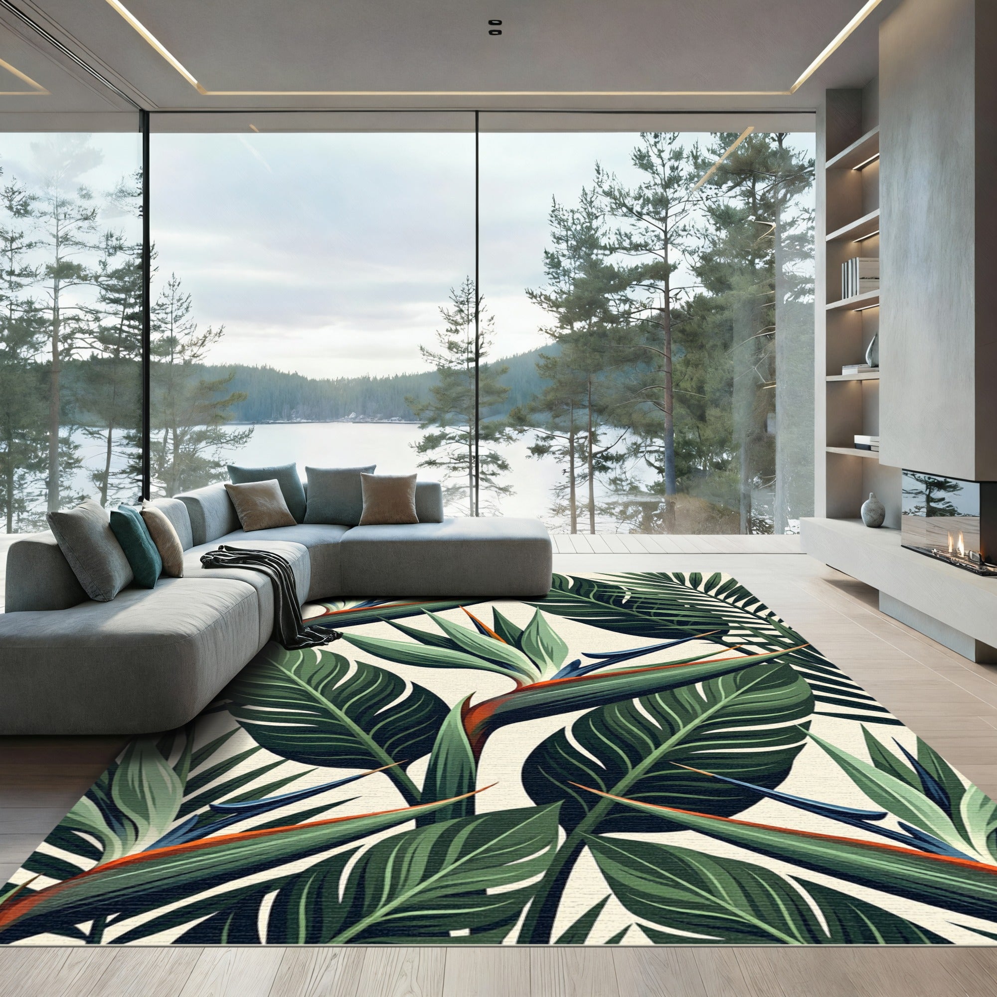 Vibrant Green Tropical Bird of Paradise Rug