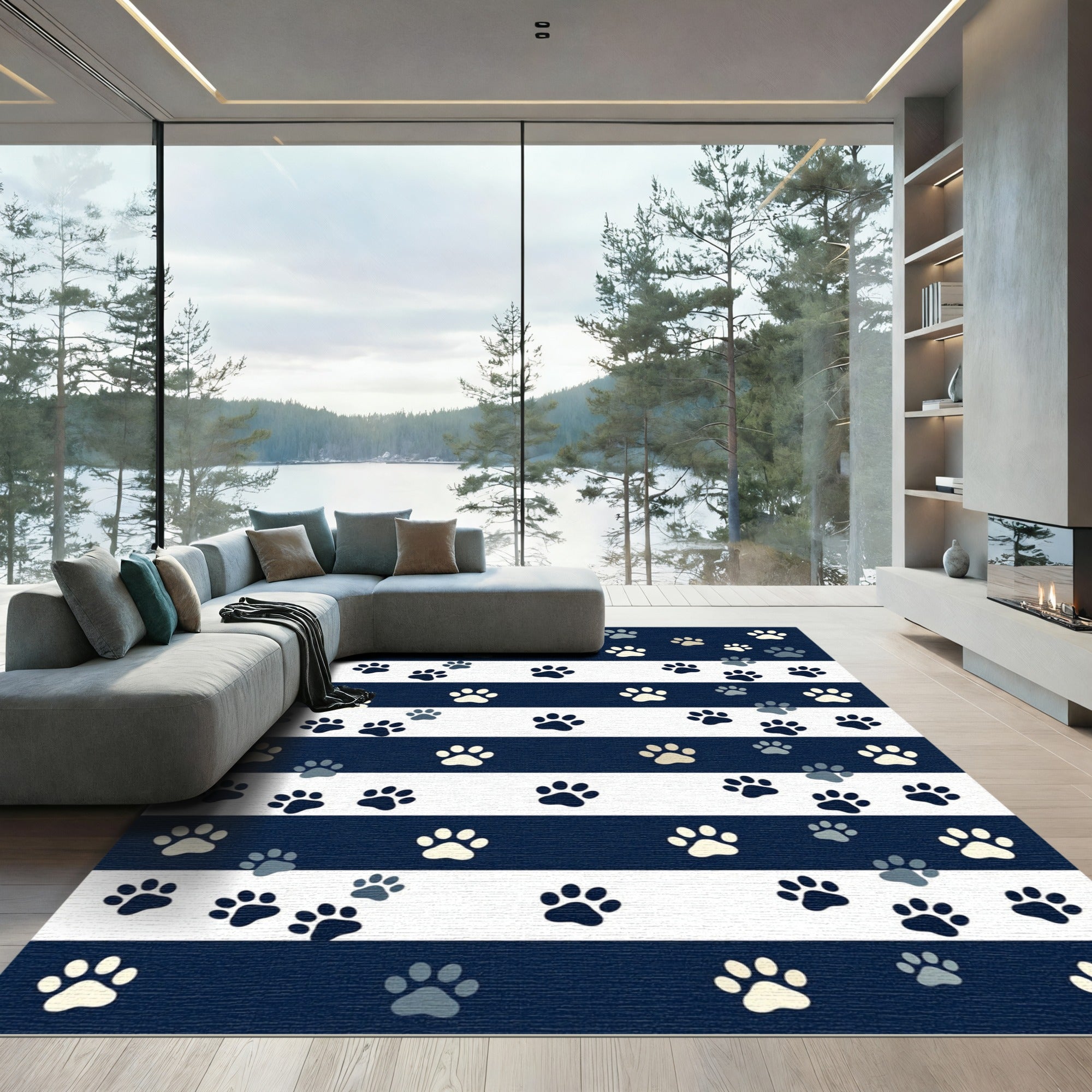 Navy Blue Striped Animal Paw Rug