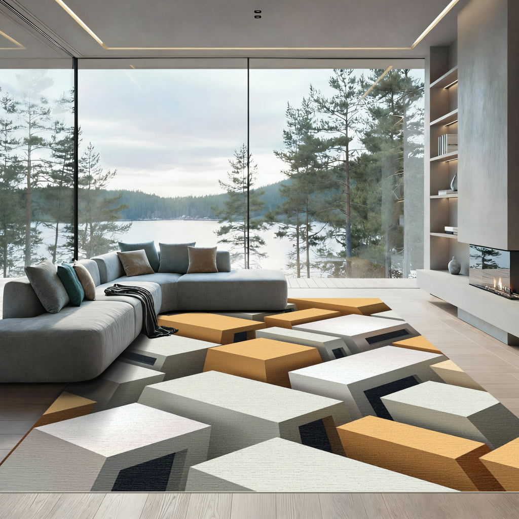 Geometric Abstract Blocks Ochre White Rug