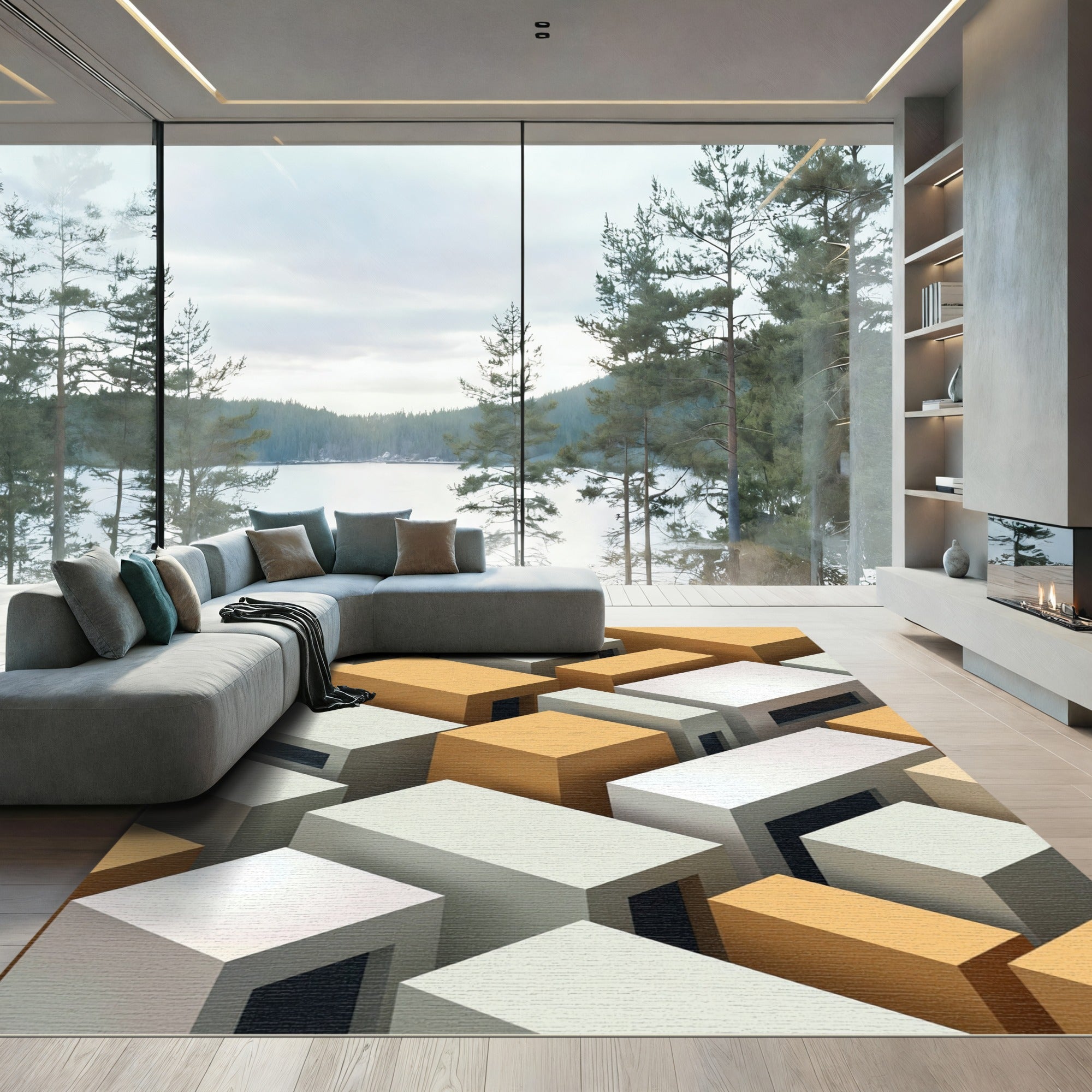 Geometric Abstract Blocks Ochre White Rug