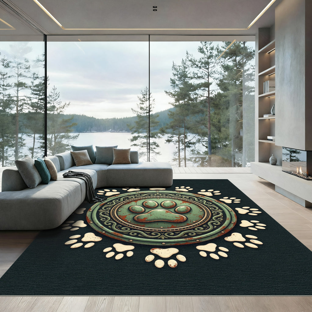 Rustic Green Paw Medallion Emblem Rug