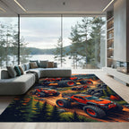 Orange Off-Road Monster Truck Mountain Scene Rug