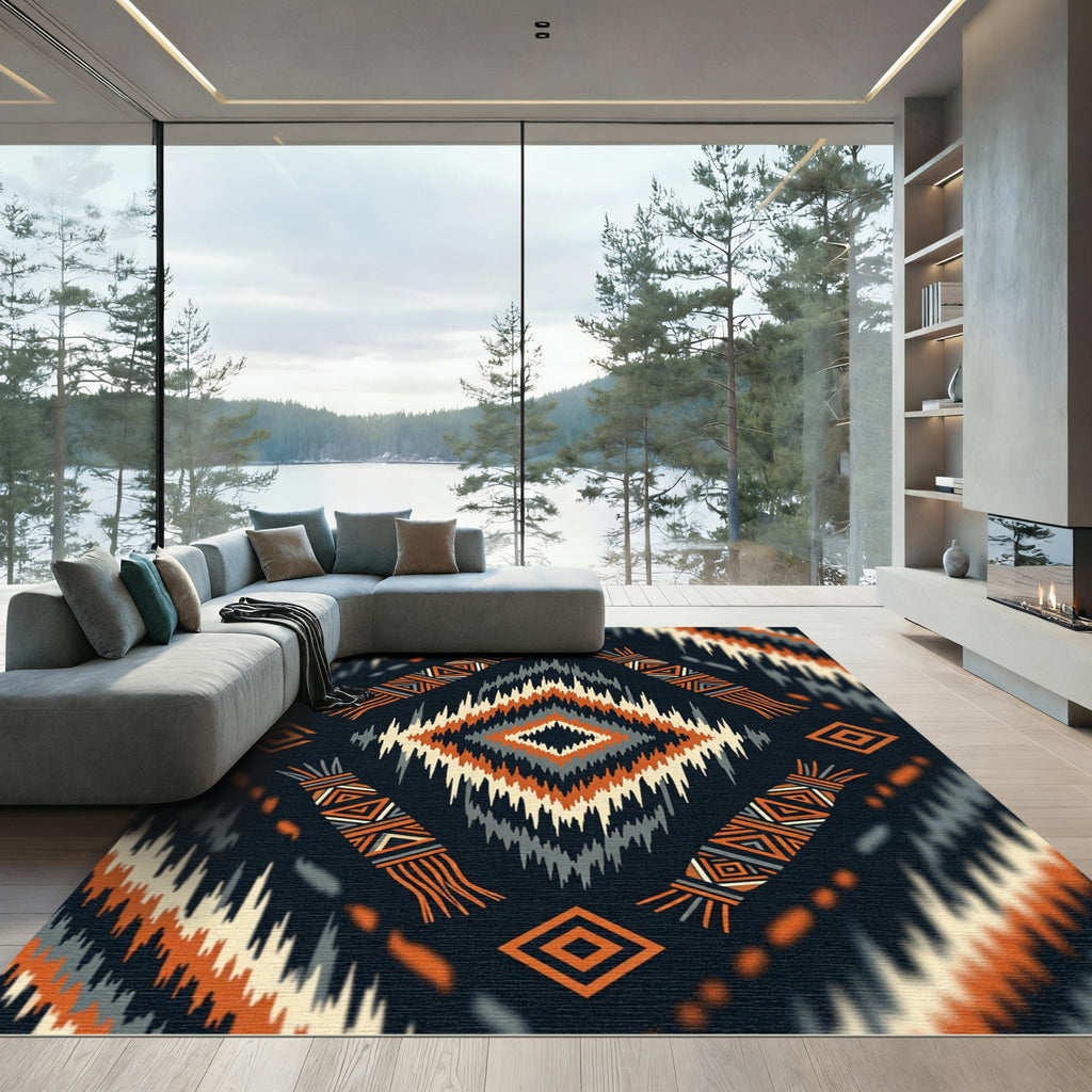 Orange Black Tribal Diamond Geometric Rug