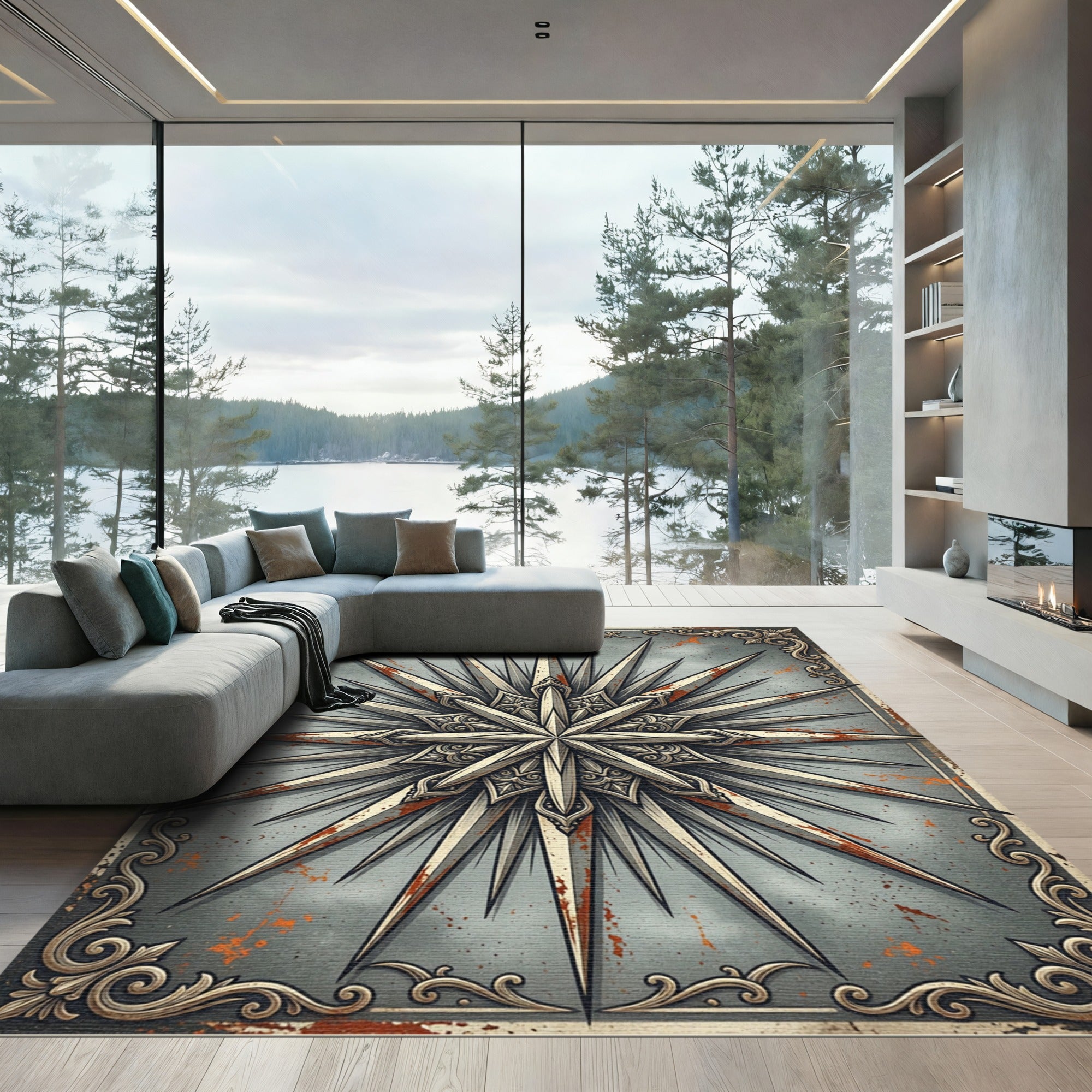 Rustic Metallic Starburst Compass Medallion Rug