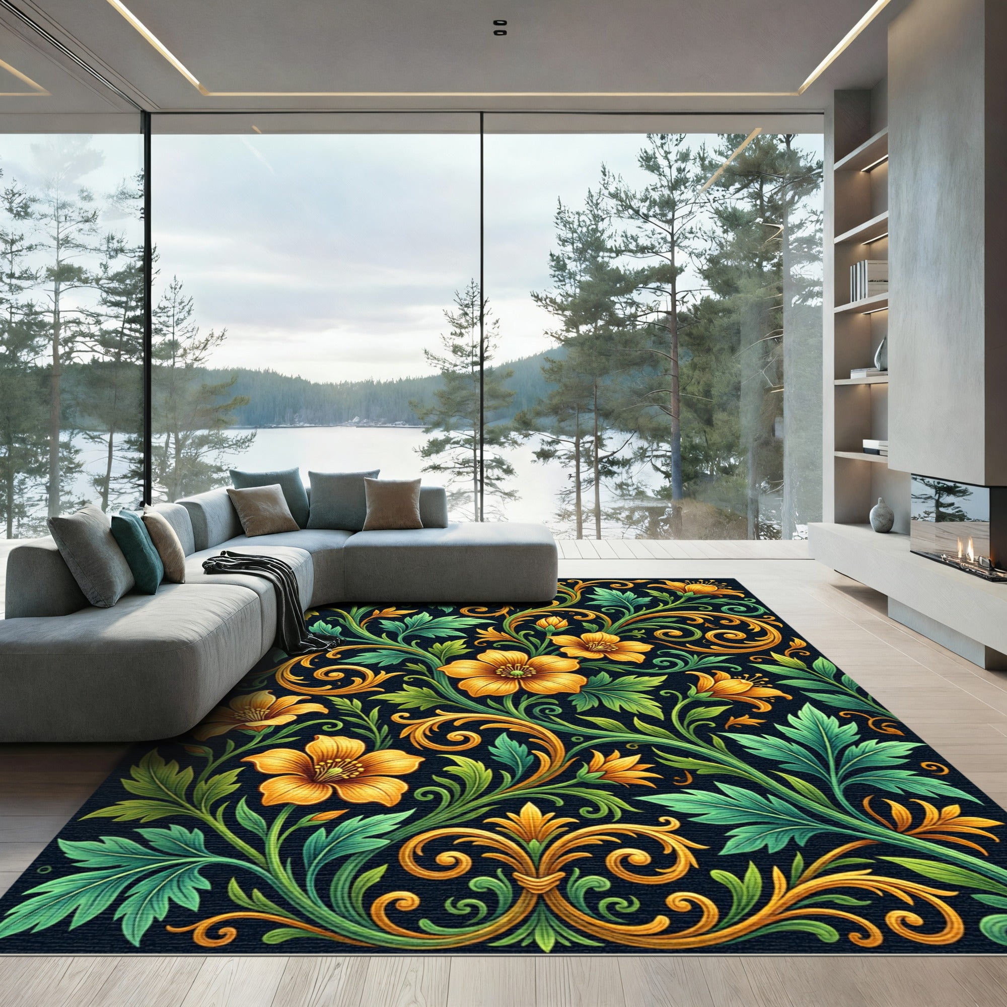 Rich Yellow Floral Vine Arabesque Rug