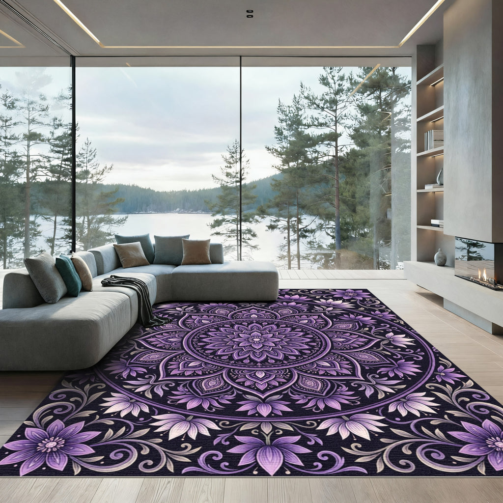 Elegant Purple Lotus Floral Mandala Rug
