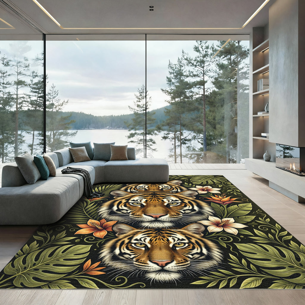 Tiger Heads Tropical Jungle Botanical Rug