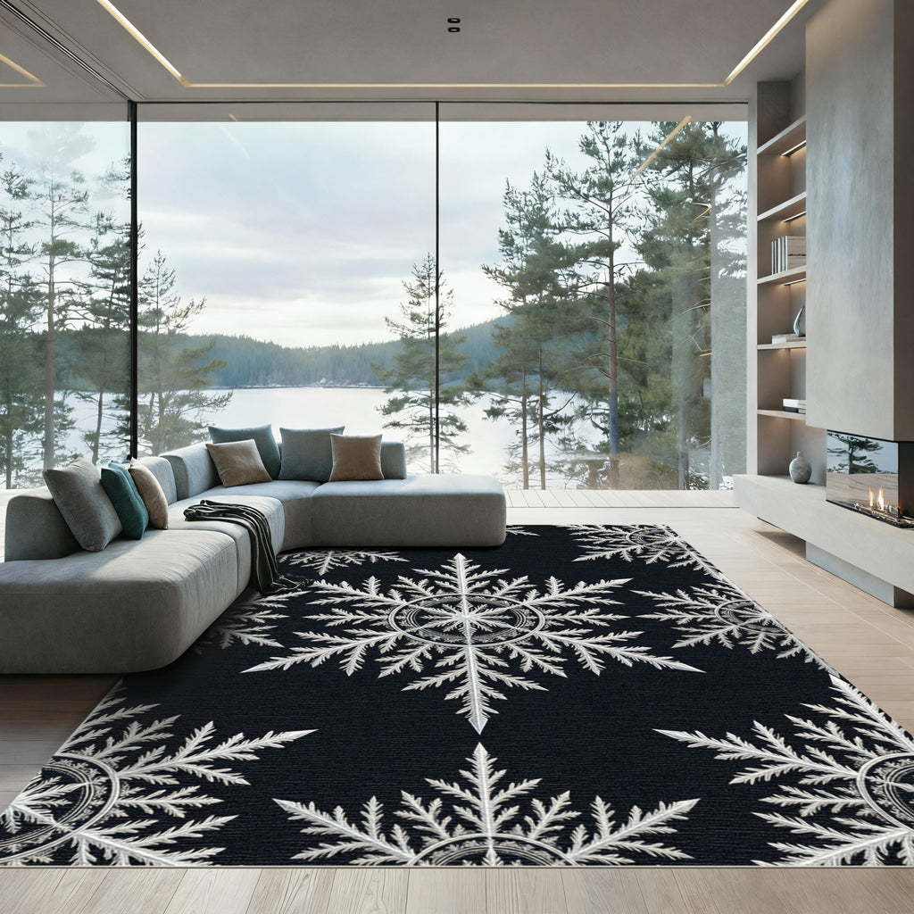 White Snowflake Patterned Black Ground Rug