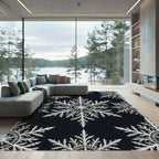 White Snowflake Patterned Black Ground Rug