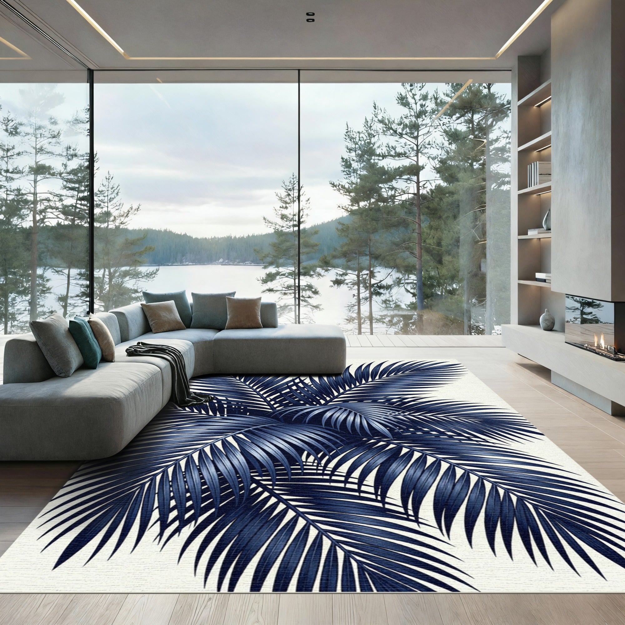 Modern Navy Palm Frond Composition Rug
