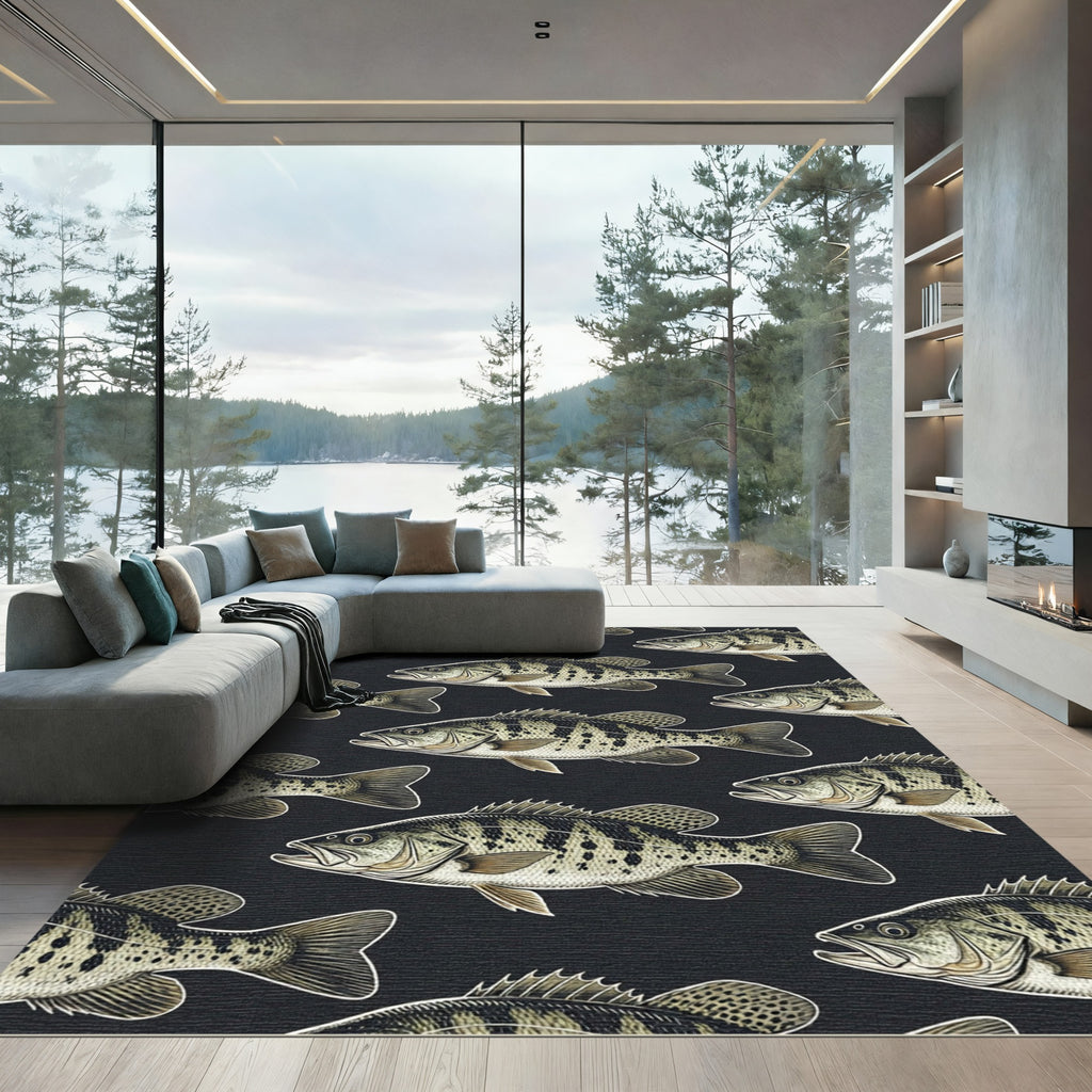 Large Scale Black Bass Fish School Rug