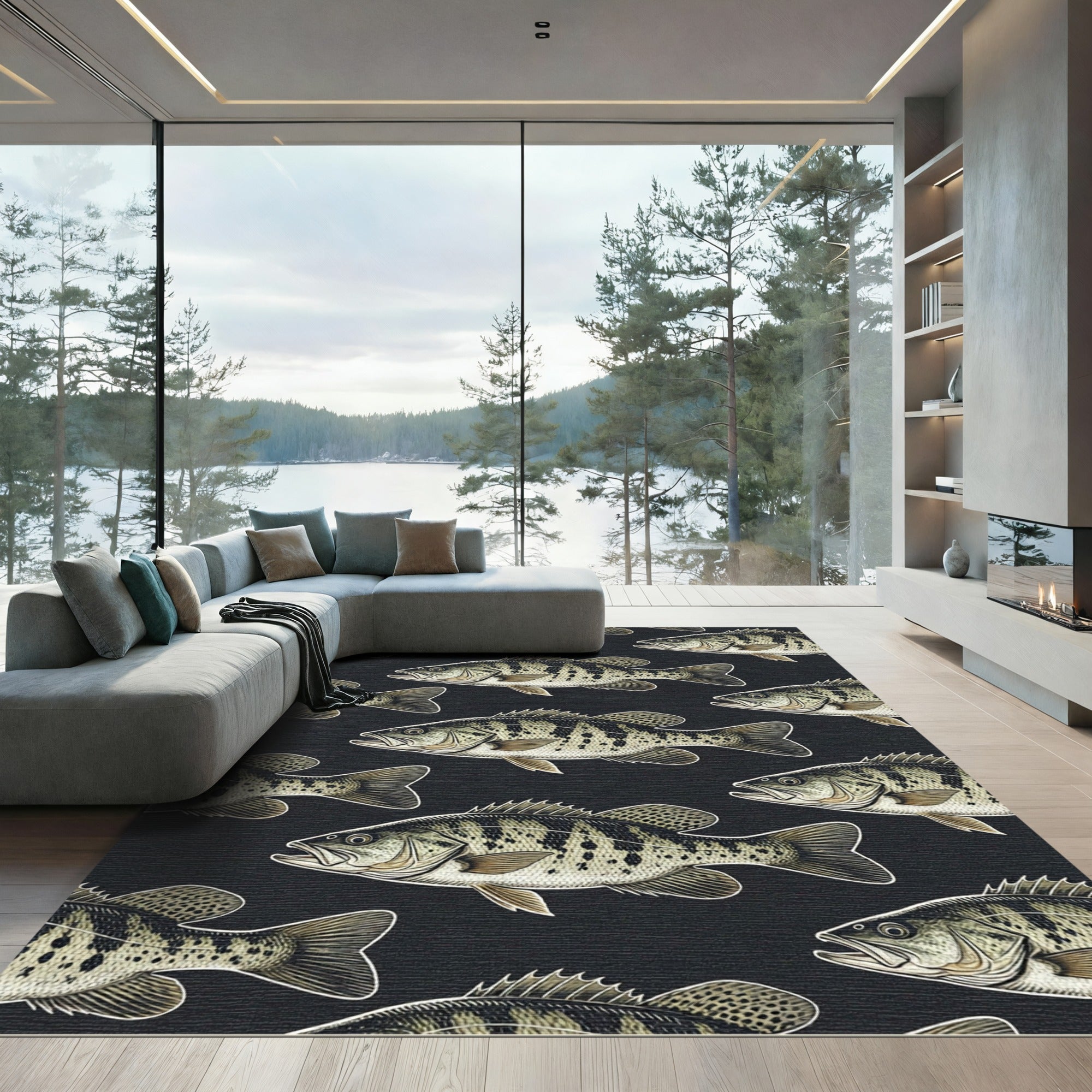 Large Scale Black Bass Fish School Rug