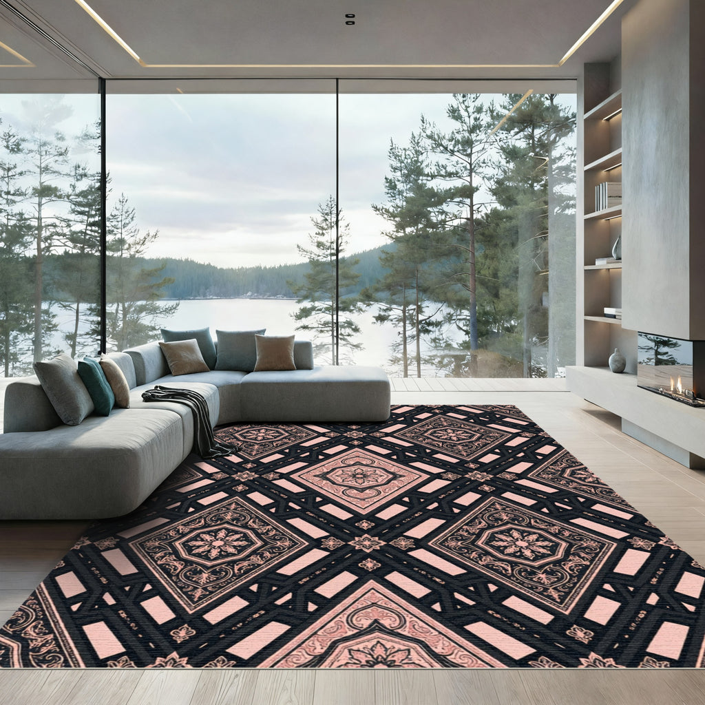 Elegant Rose Gold Damask Lattice Rug