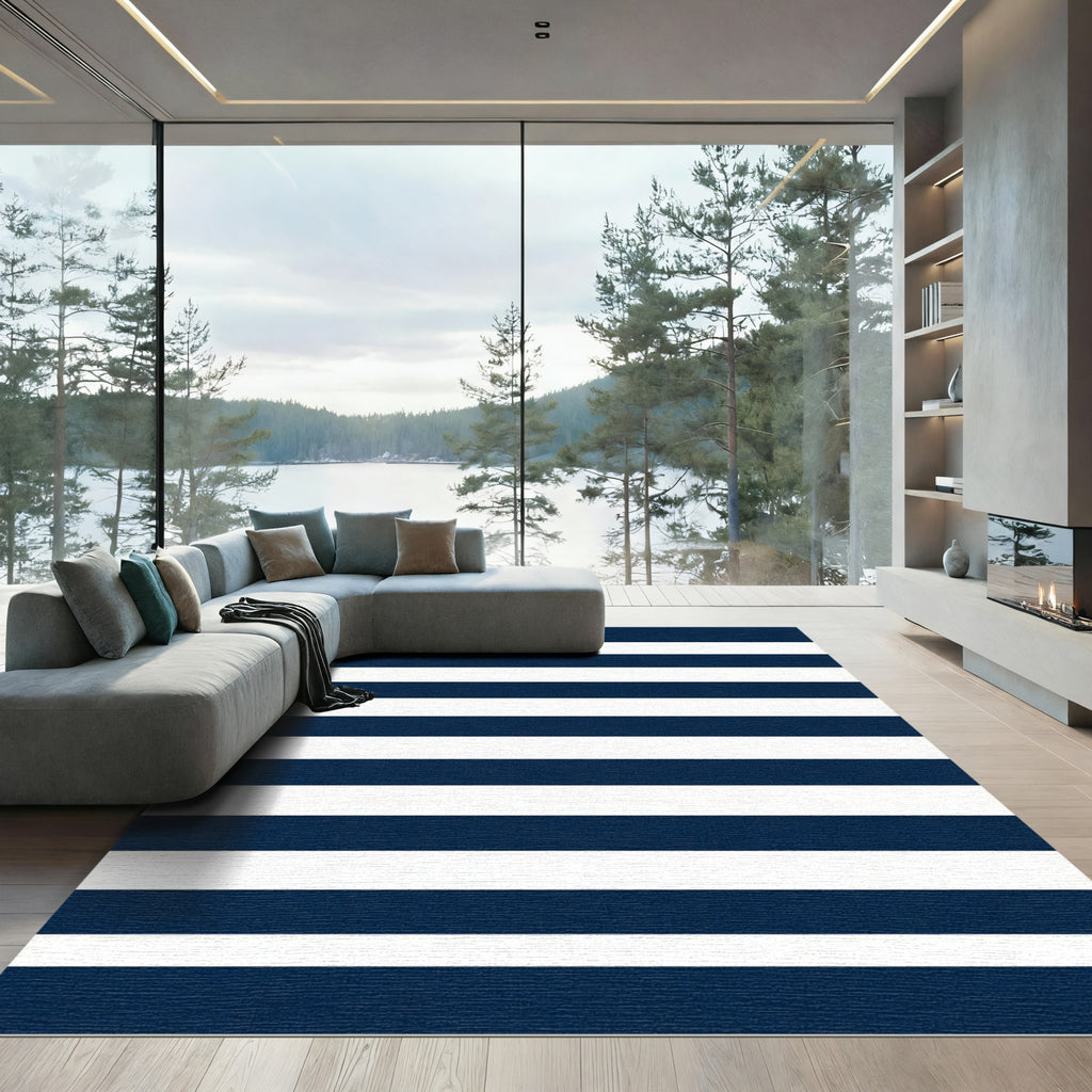 Classic Navy Blue Horizontal Striped Rug