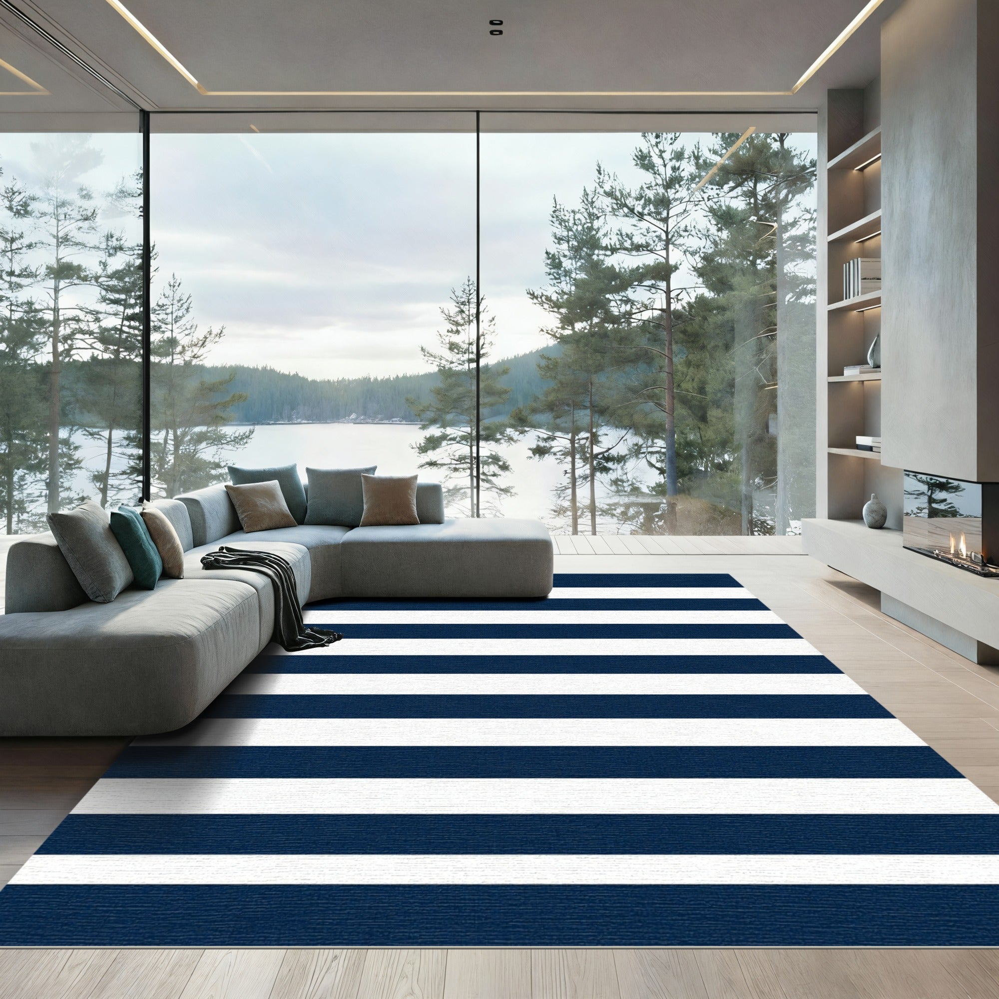 Classic Navy Blue Horizontal Striped Rug